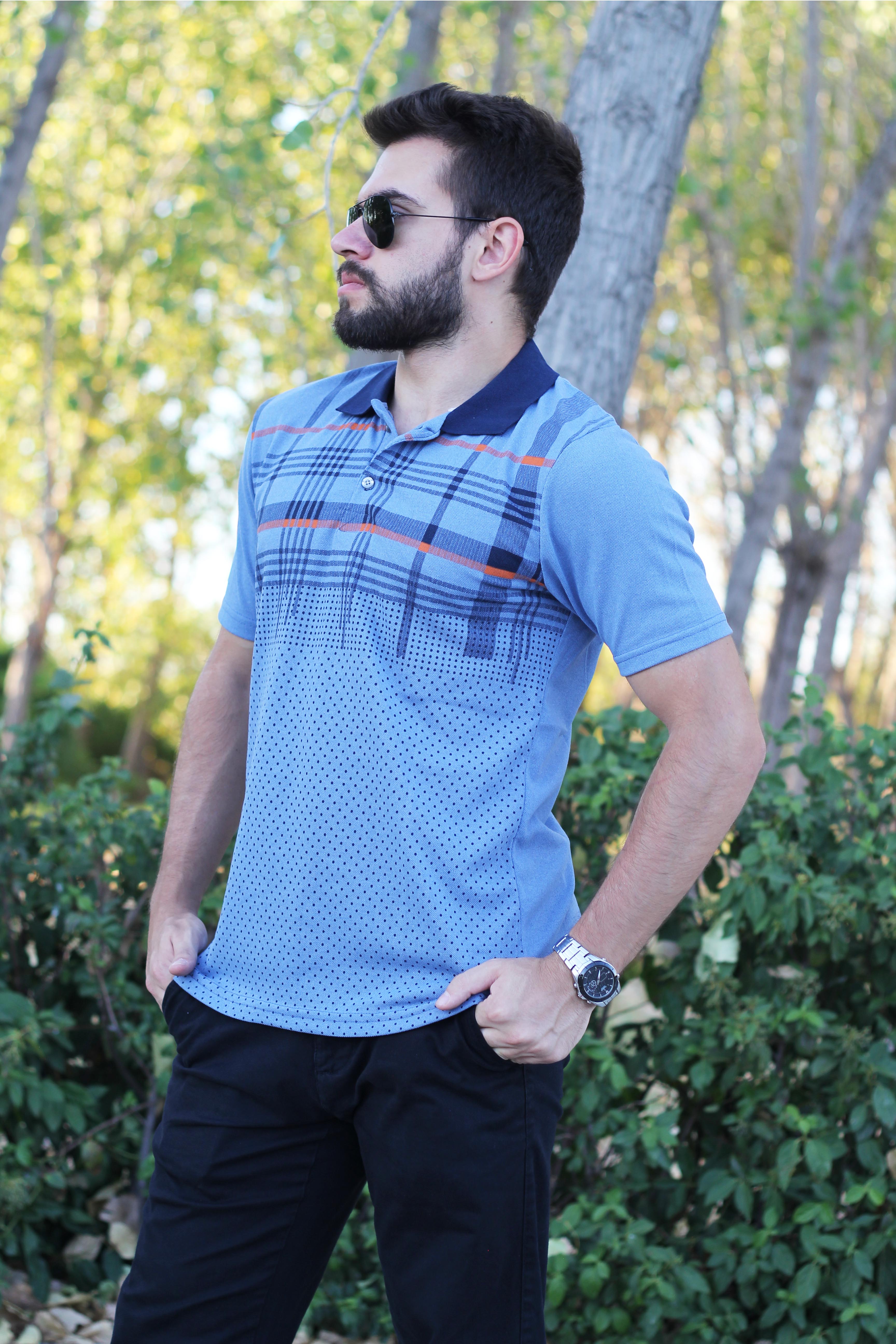 Erkek Mavi Normal Kesim Kare Nokta Desen Polo Yaka Tişört 20EPLYKRPT