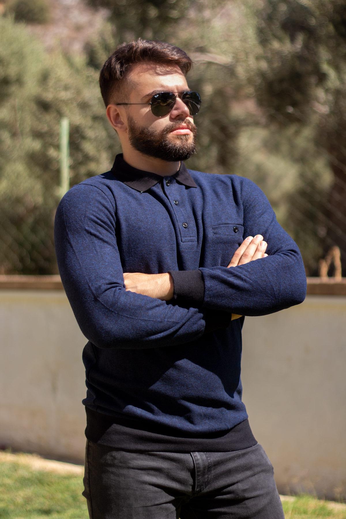 Erkek Mavi Polo Yaka Selanik Kumaş Sweat Kazak 21EKZKPLSL