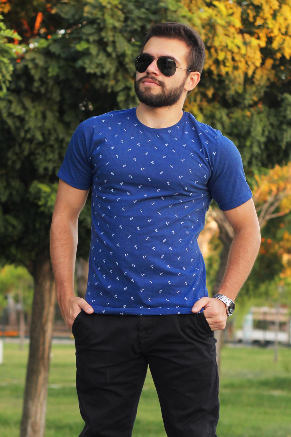 Erkek Mavi Çapa Desenli Kısa Kollu Tişört 20ETSHCAPA