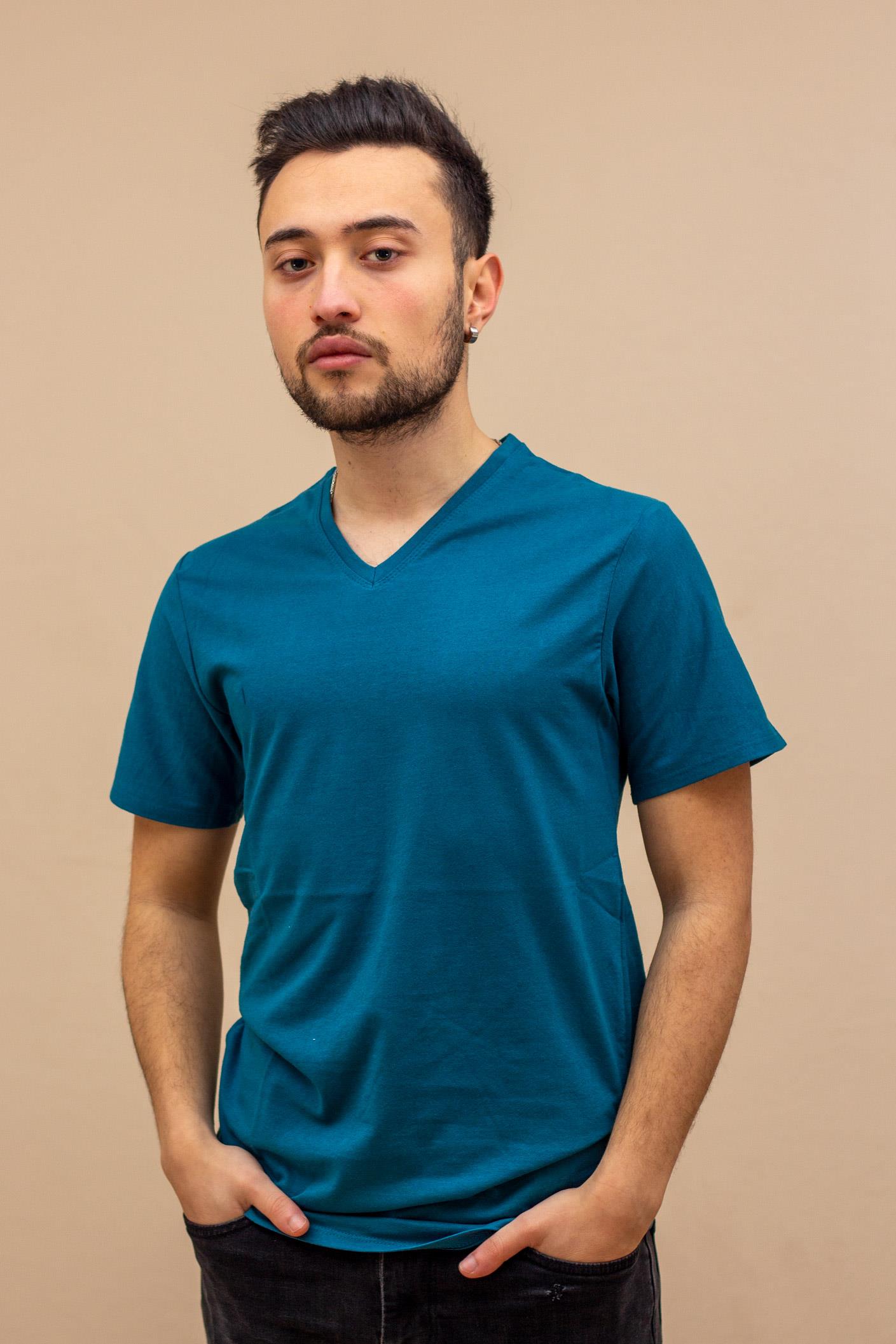 Erkek Mavi Slim Fit Düz Basic Kısa Kollu V Yaka İnce Tişört 20ETSHBSIC