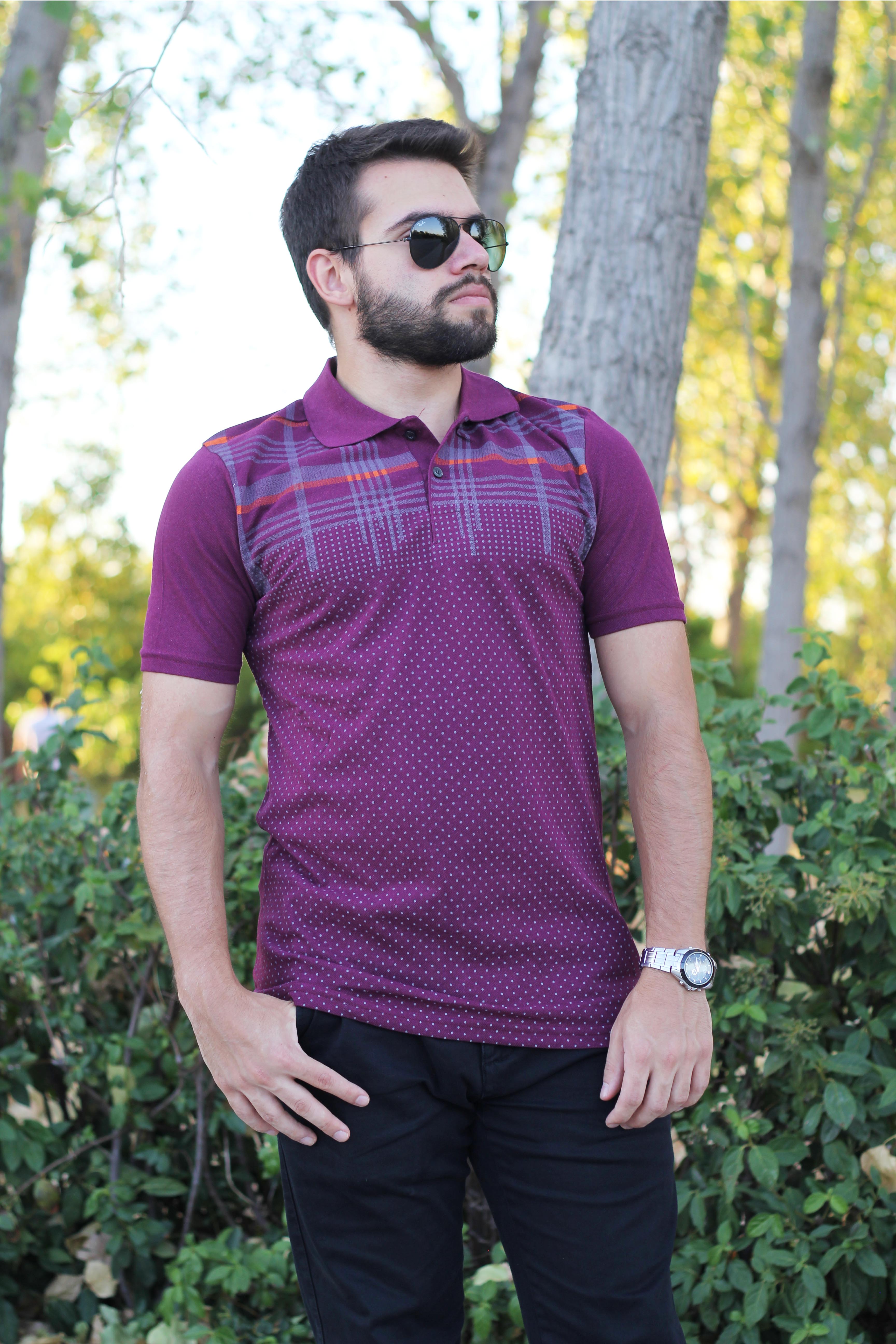 Erkek Mürdüm Normal Kesim Kare Nokta Desen Polo Yaka Tişört 20EPLYKRPT