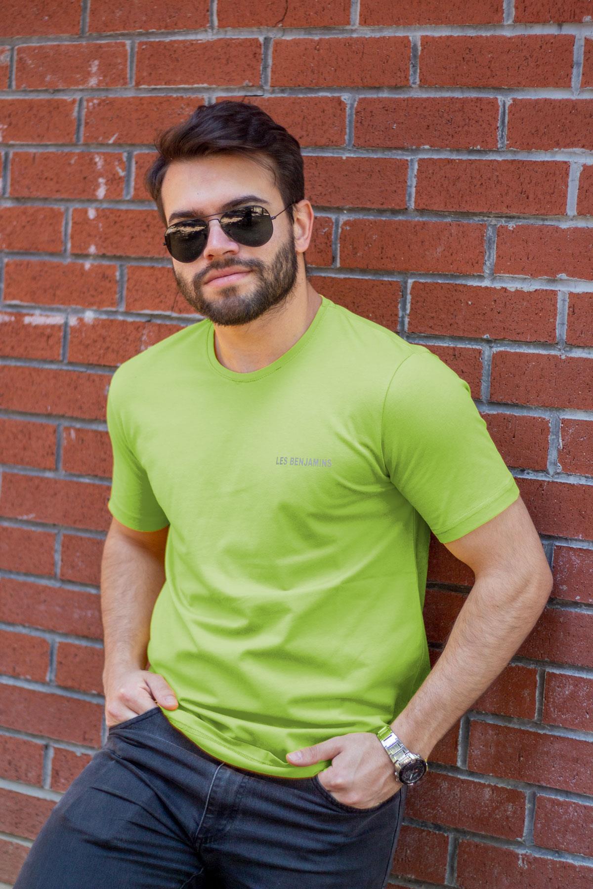 Erkek Neon Yeşil Baskılı Pamuk Rahat Oversize T-Shirt 23ETSH0LES