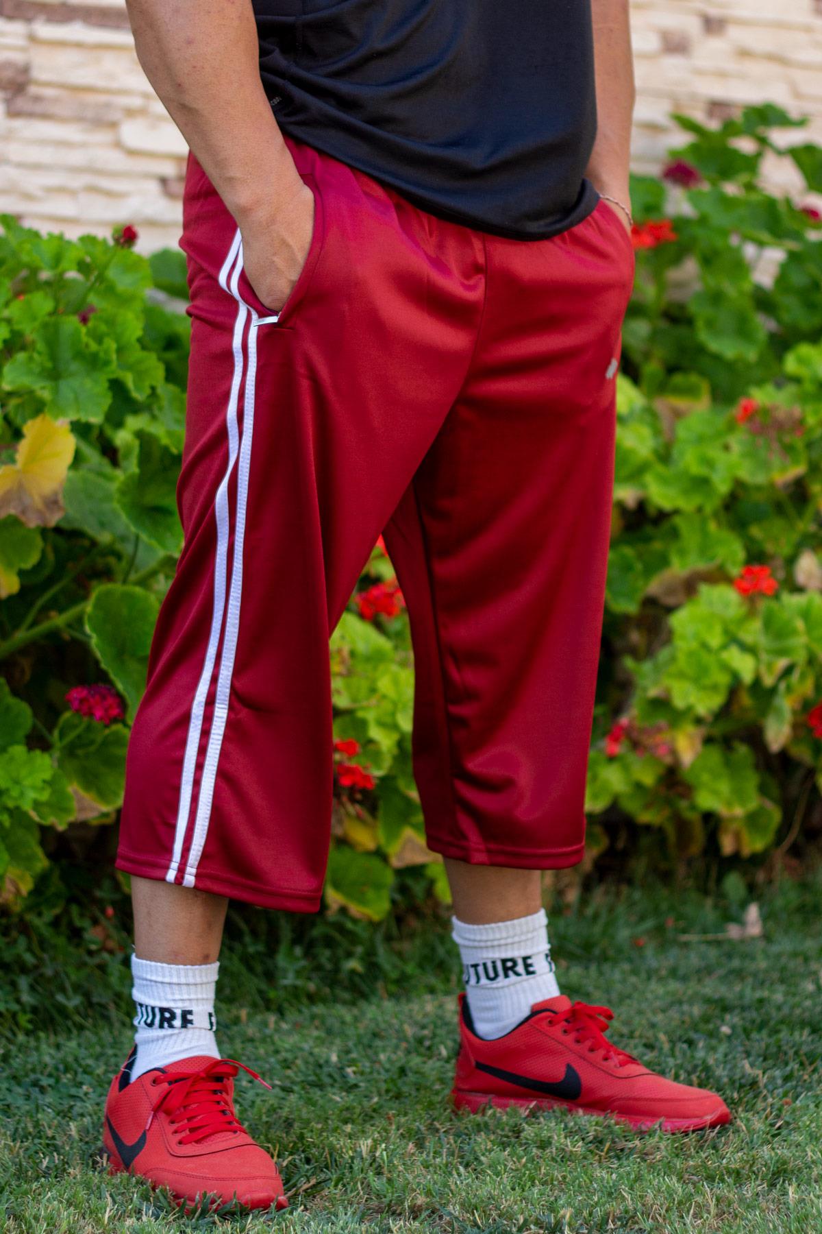 Erkek Parlak Kırmızı Spor Uzun Fermuarlı Beyaz Şeritli Bermuda Kapri 21EBRMUBKS