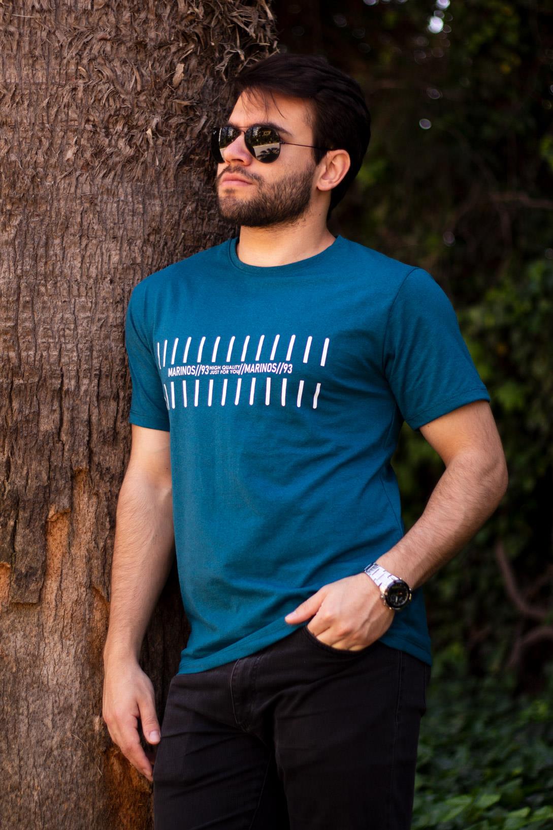 Erkek Petrol Çizgi Baskılı Normal Kesim Bisiklet Yaka Erkek Tişört 22ETSHMROS
