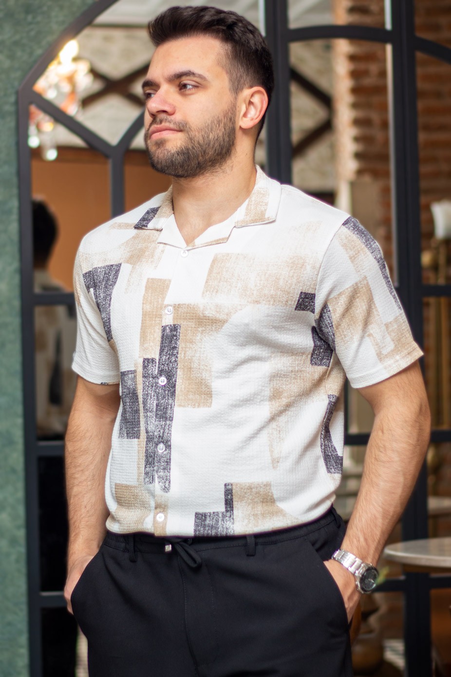 Erkek Sarı Beyaz Desen Esnek Bürümcük Regular Fit Kısa Kol Gömlek 25EGMLGIMM