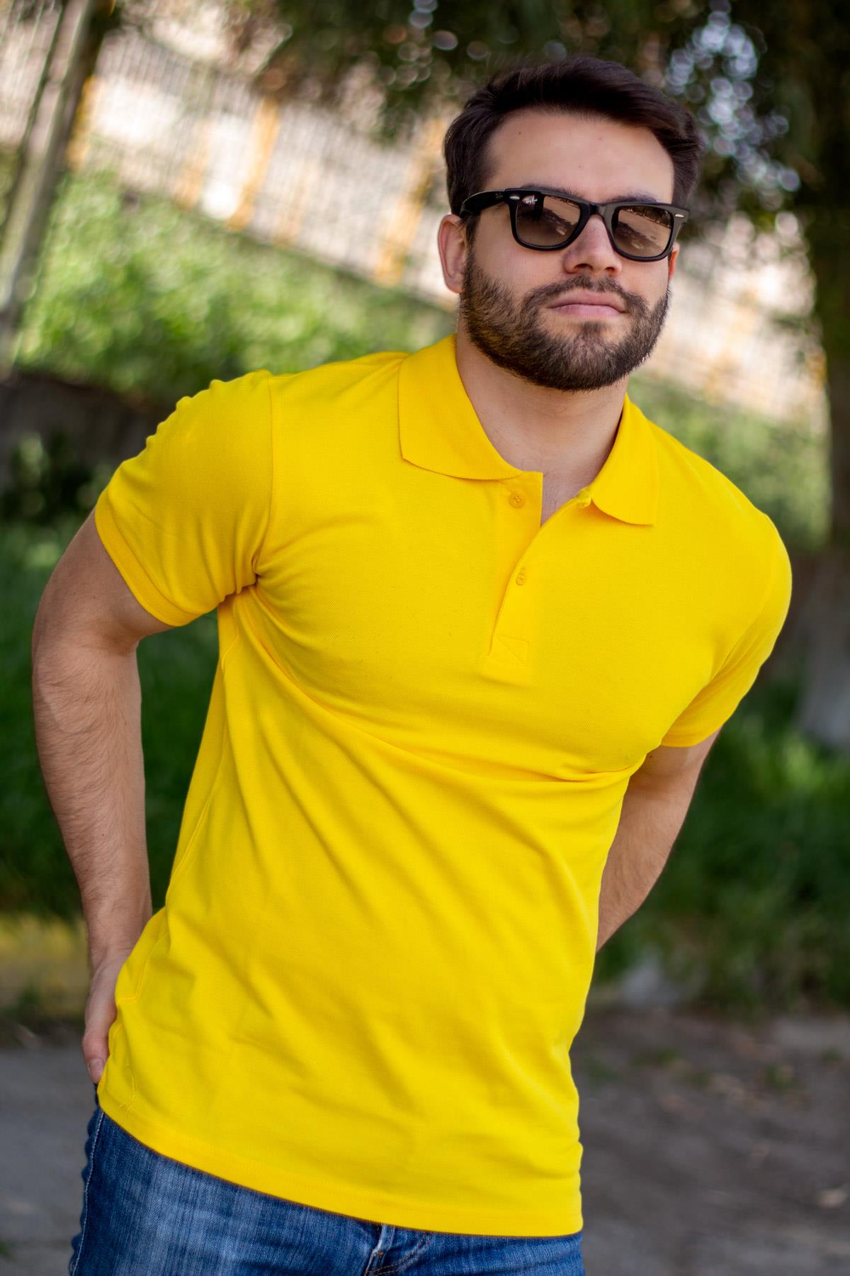 Erkek Sarı Rahat %100 Pamuk Ribana Kol Polo Yaka T-Shirt 24EPLYPOPE