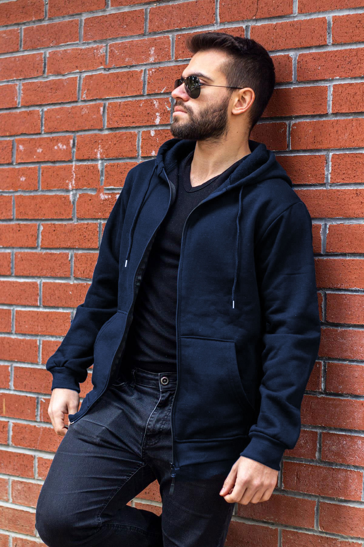 Erkek Lacivert 3 İplik Ekstra Kalın Fermuarlı Kapüşonlu Ceket 22ECKTCEET