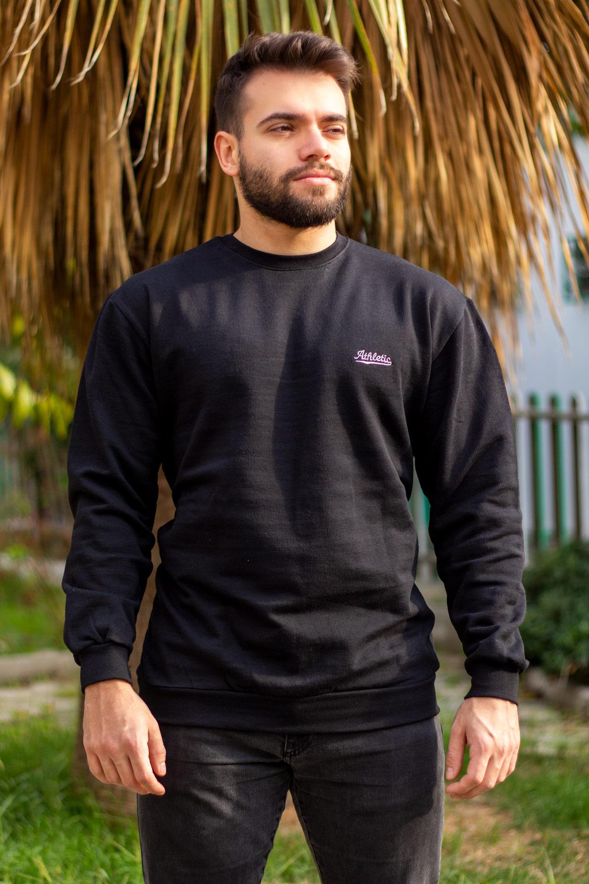 Erkek Siyah Athletic Nakışlı Uzun Kollu İçi Yumuşak Düz Sade Sweatshirt 21ESWTATLK