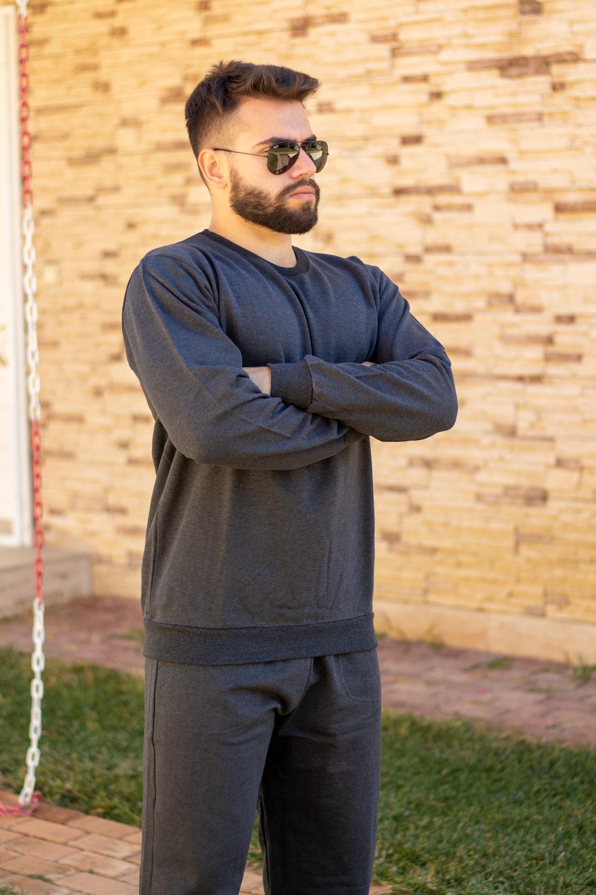 Erkek Siyah Basic Baskısız Düz Rahat Kalıp Kalın Sweat Eşofman Takımı 21EESTTKBS