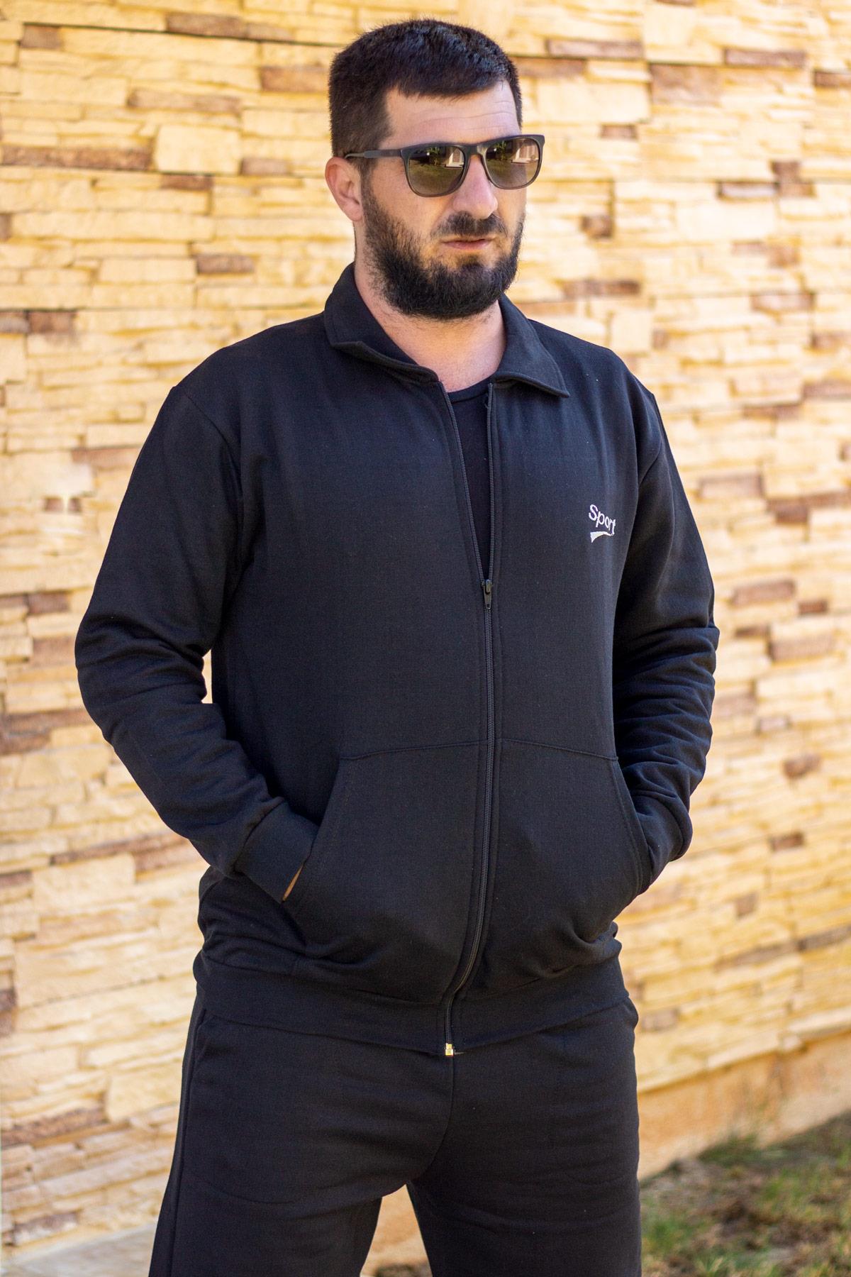 Erkek Siyah Basic Düz Fermuarlı İçi Yumuşak Kalın Sweat Eşofman Takımı 21EESTFERM