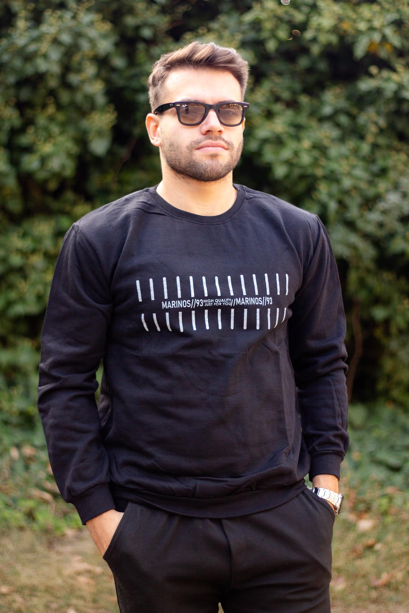 Erkek Siyah Baskılı 2 İki İplik İçi Yumuşak Bisiklet Yaka Kalın Uzun Kollu Sweatshirt 23ESWTDKOD