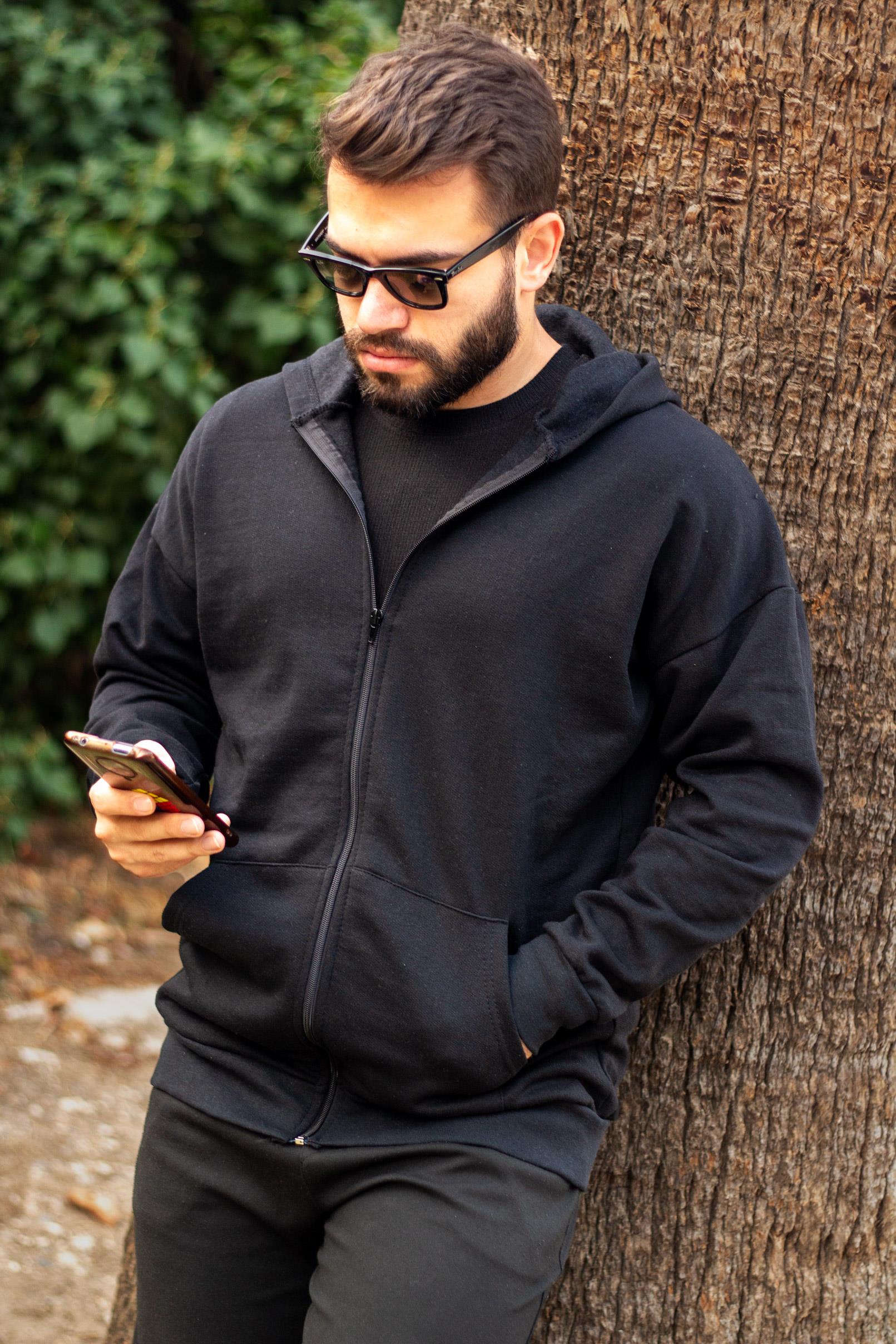 Erkek Siyah Baskısız Basic Oversize Fermuarlı Kapüşonlu Uzun Kollu Kalın Ceket Sweatshirt 23ECKTFORM