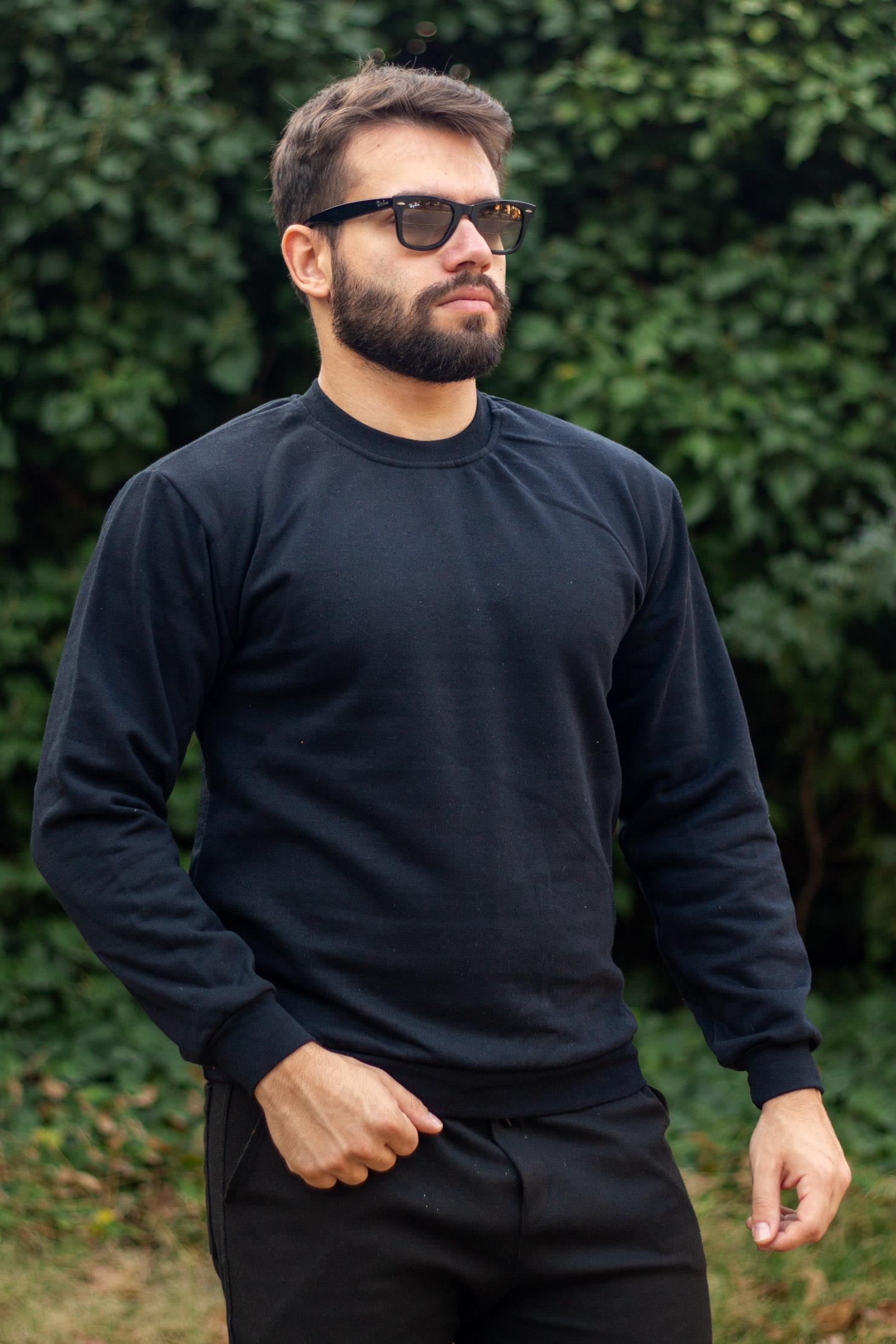 Erkek Siyah Baskısız Düz Basic Oversize Bisiklet Yaka Uzun Kollu Kalın Sweatshirt 23ESWTUDUZ