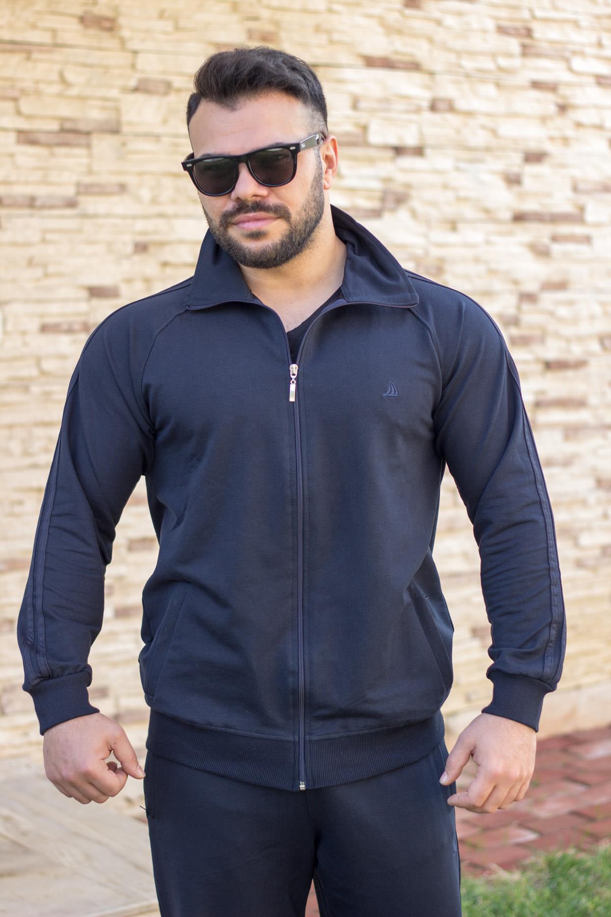 Erkek Lacivert Dik Yaka Şeritli Çizgili Rahat Kalıp Fermuarlı Eşofman Takımı 21EESTTAKT