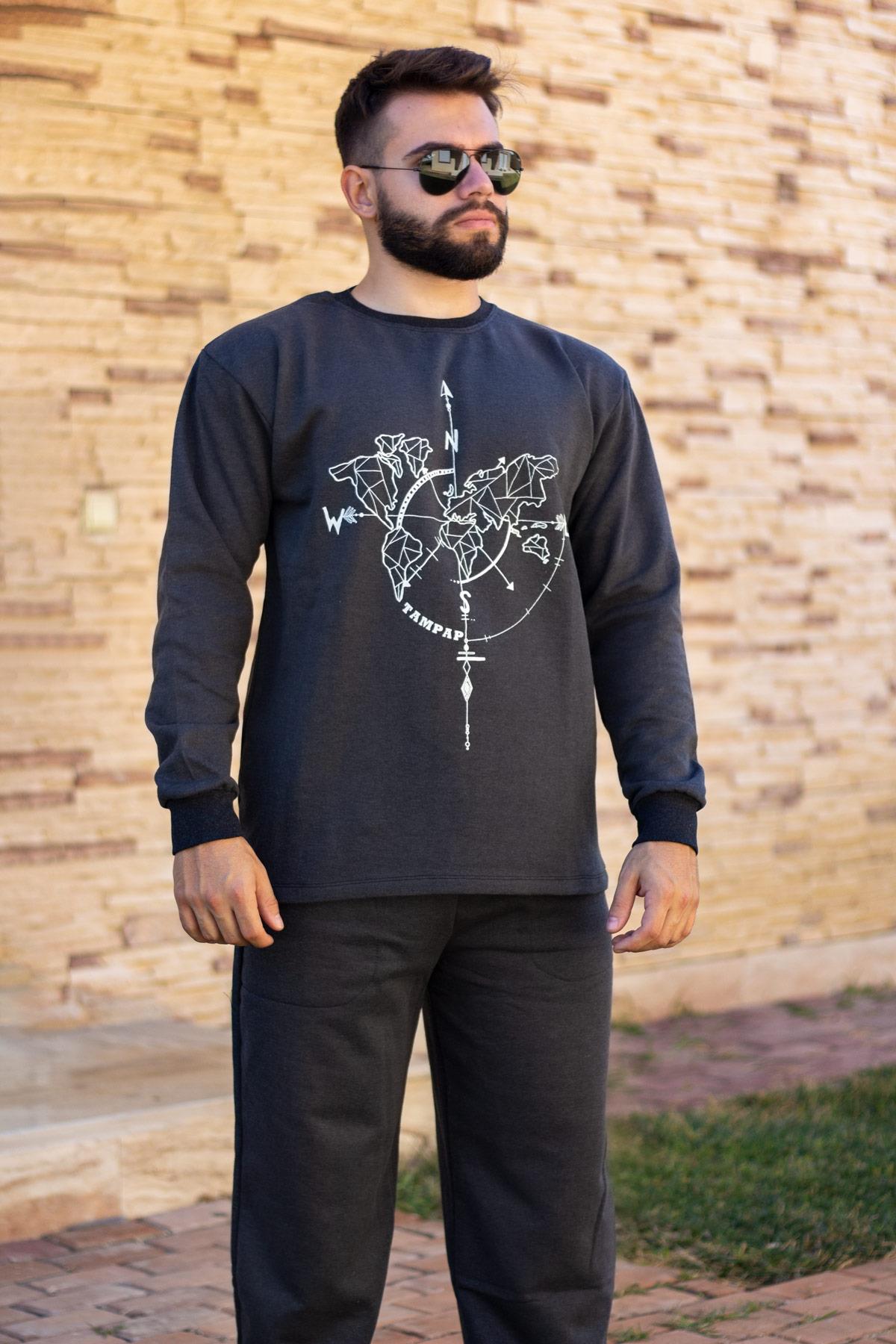 Erkek Siyah Dünya Harita Baskılı Kalın Sweat Eşofman Takımı 21EESTDUNY