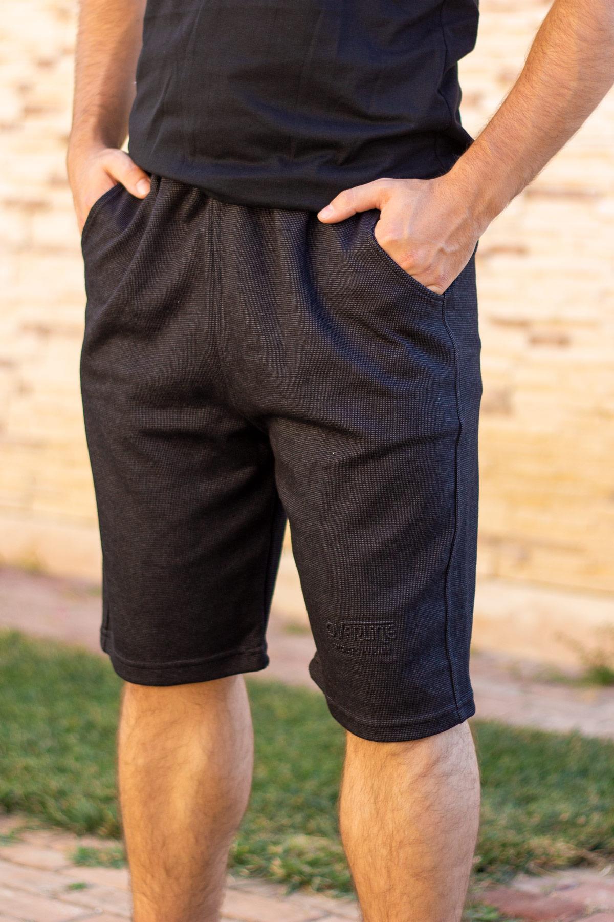 Erkek Siyah Ekose Kare Desen Nakış Baskılı İpli Lastikli Şort 21ESRTEKKO