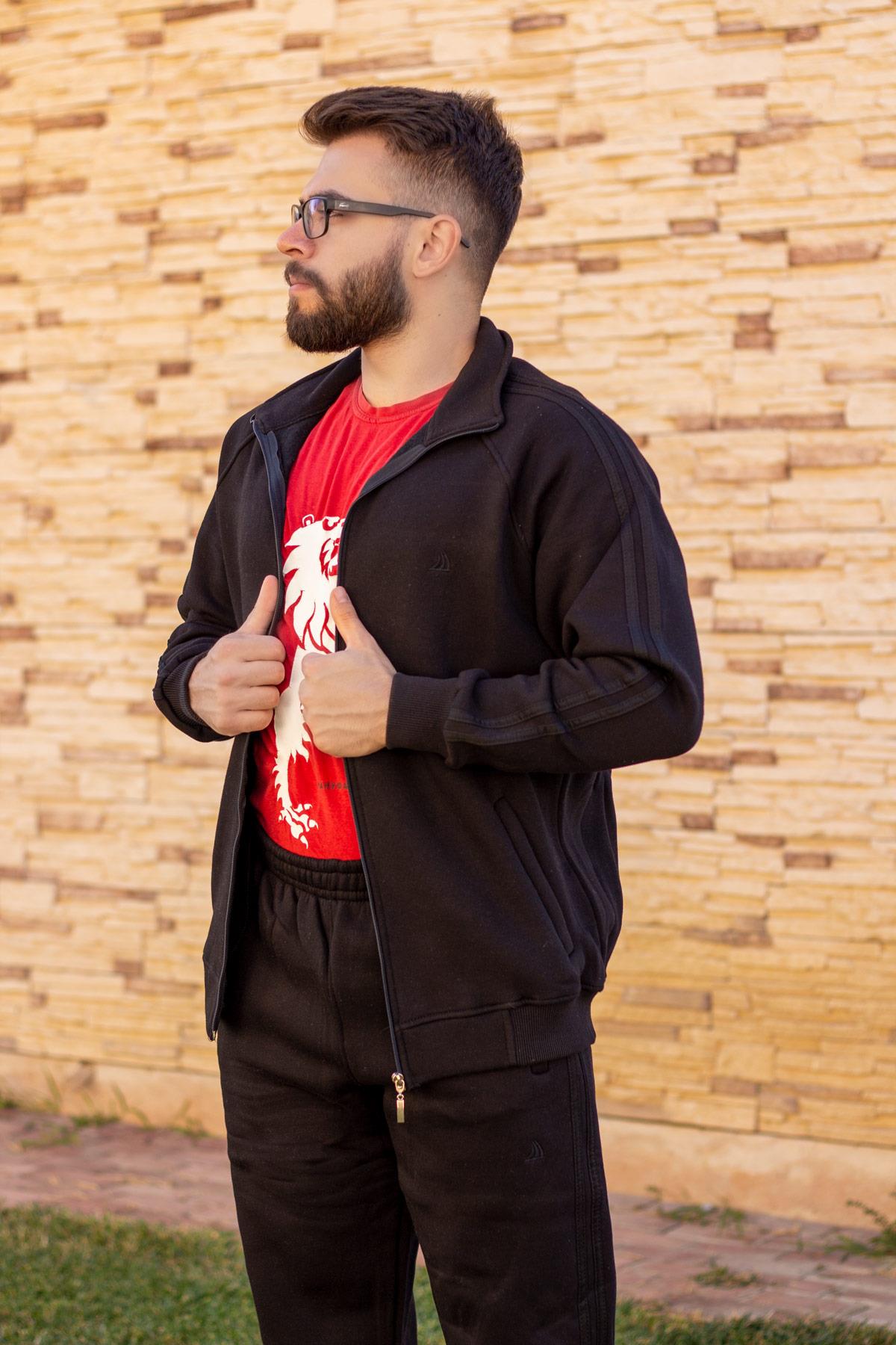 Erkek Siyah Ekstra Kalın Sweat Fermuarlı Şeritli Eşofman Takım 21EESTKAST