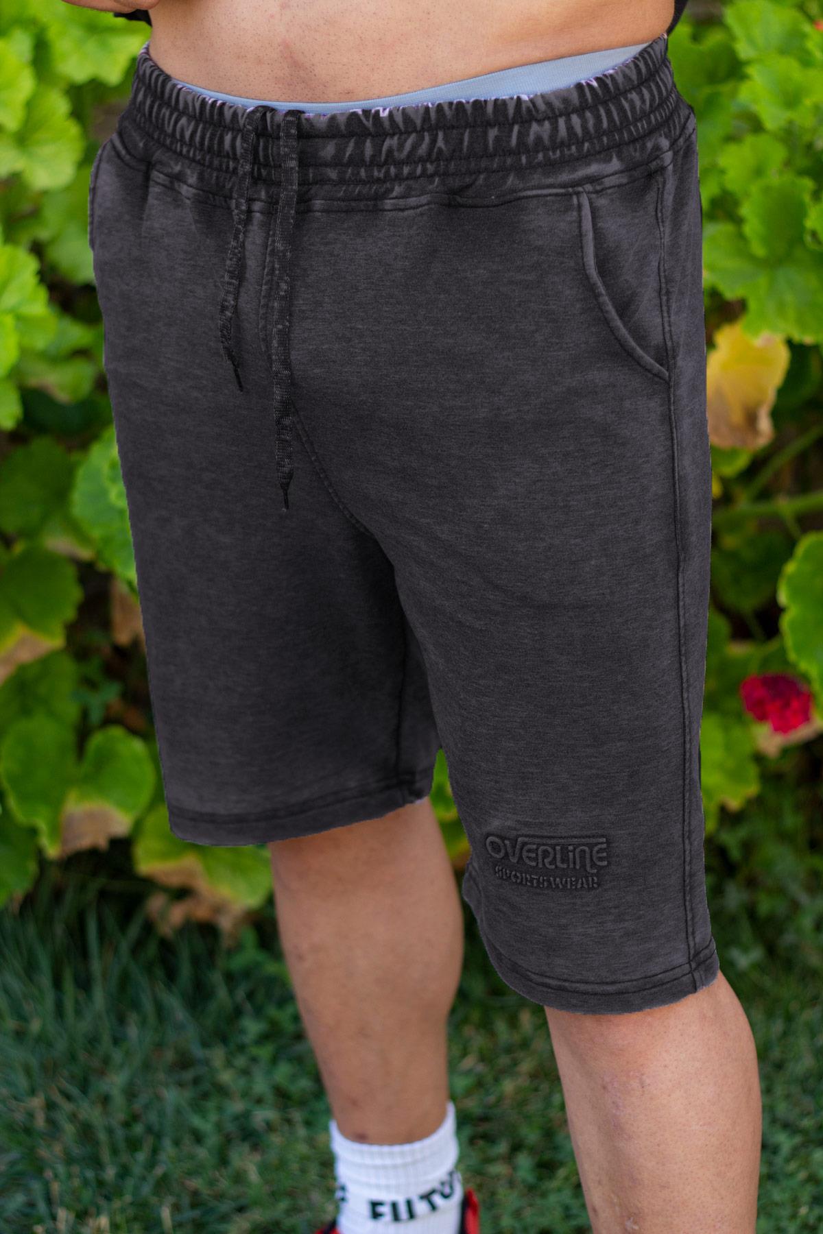 Erkek Siyah Eskitme Desen Kabartma Baskı Cepli Şort 21ESRTESTM