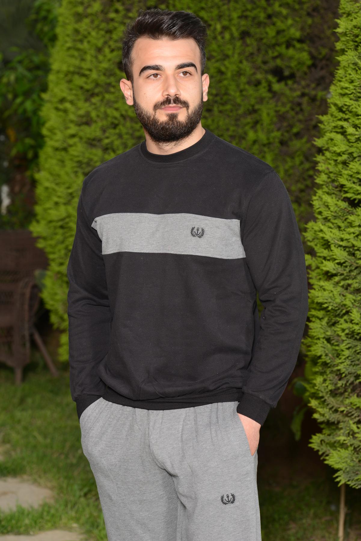 Erkek Siyah Gri Organik Kumaş Bisiklet Yaka Rahat Kalıp Sweat Eşofman Takımı 21EESTDOKT