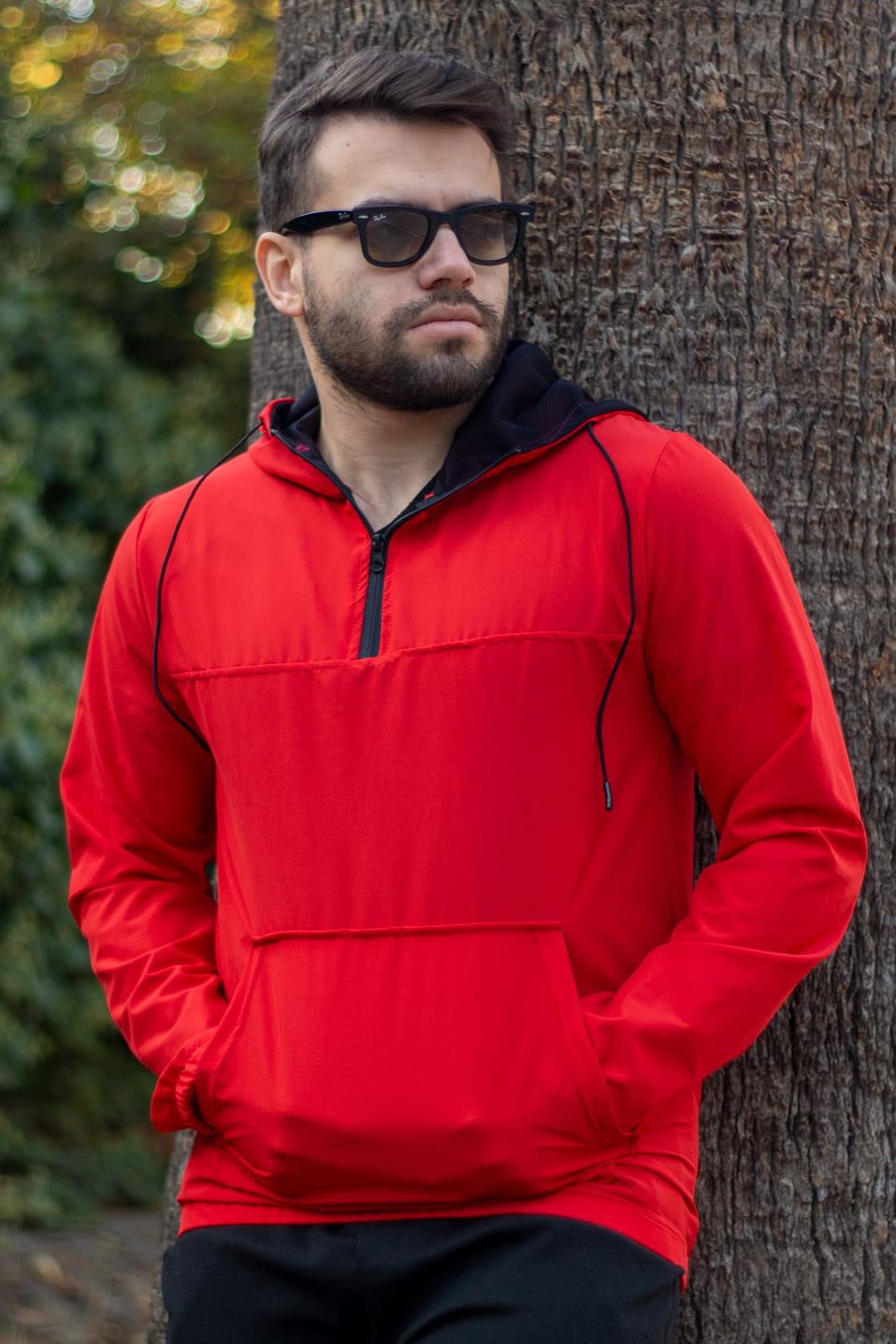 Erkek Kırmızı İnce Kol ve Bel Lastikli Yarım Fermuarlı Kapüşonlu Rüzgarlık Yağmurluk 23EYGMINAZ