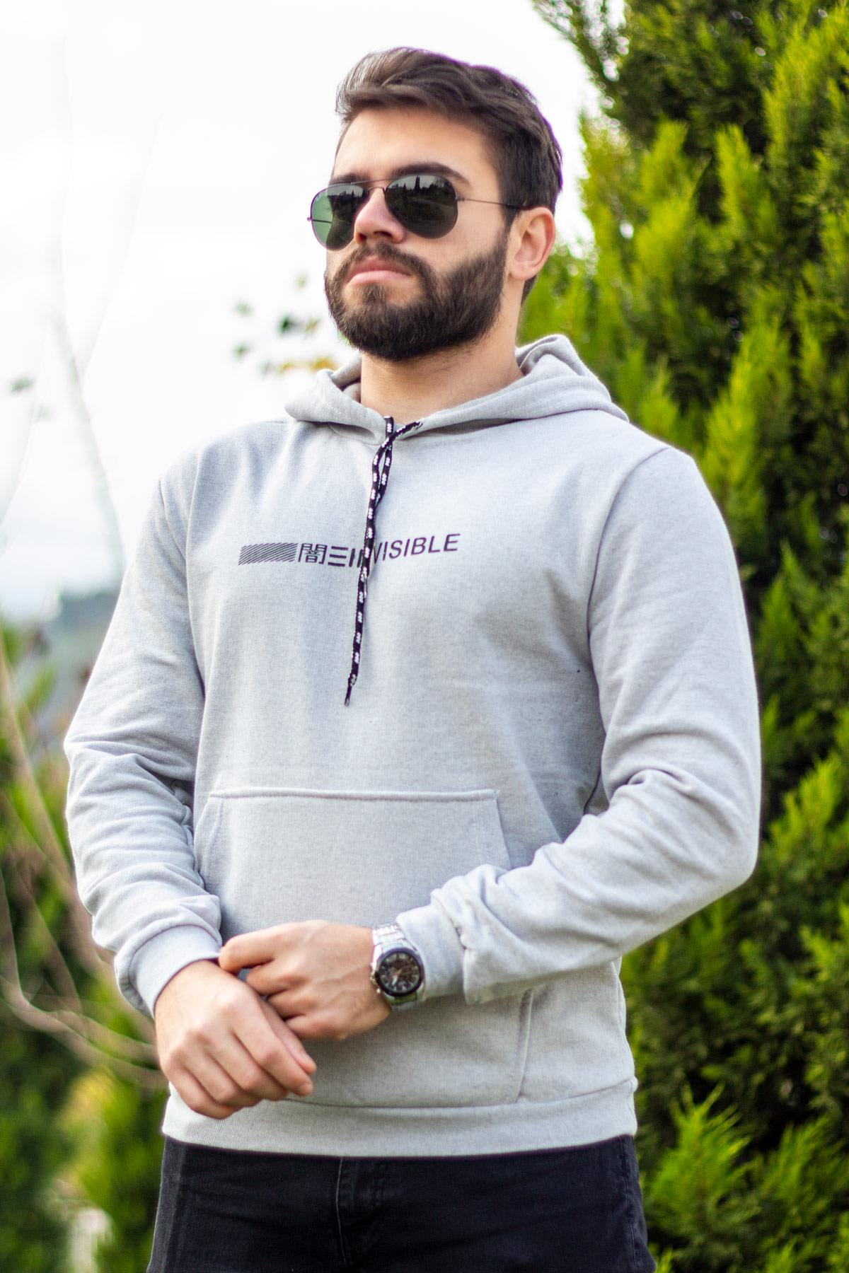 Erkek Gri Invisible Yazılı Kanguru Cep Kapüşonlu Sweatshirt 21ESWTKGVS