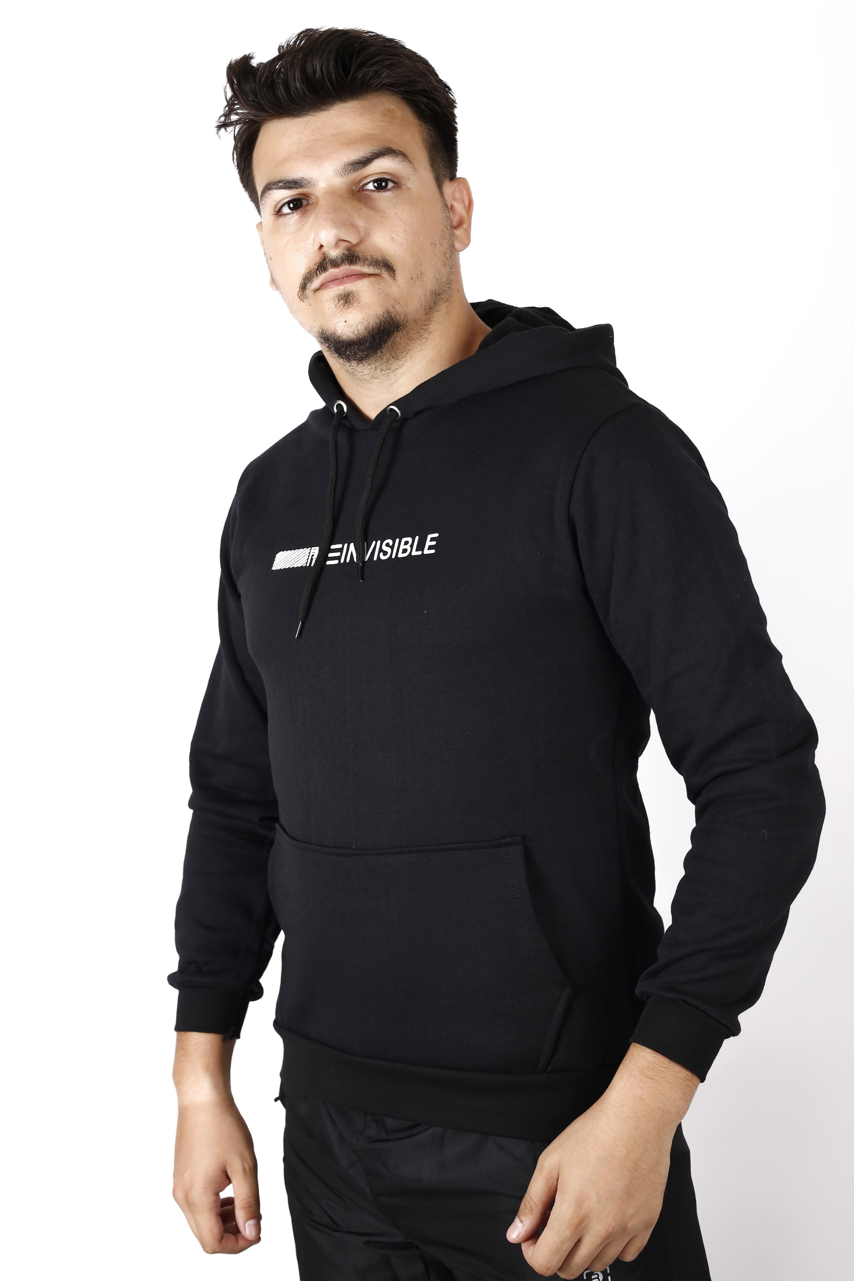 Erkek Siyah Invisible Yazılı Kanguru Cep Kapüşonlu Sweatshirt 21ESWTKGVS