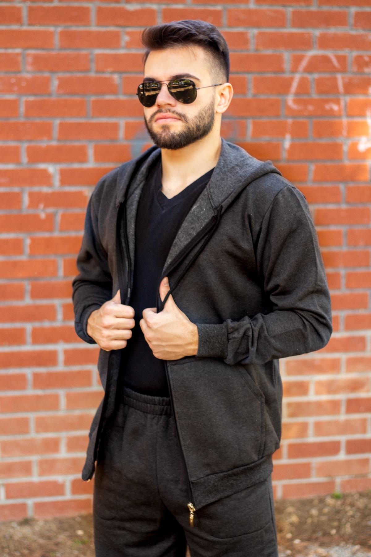 Erkek Siyah Kapüşonlu Fermuarlı İçi Yumuşak Kalın Eşofman Takımı 21EESTKAFE