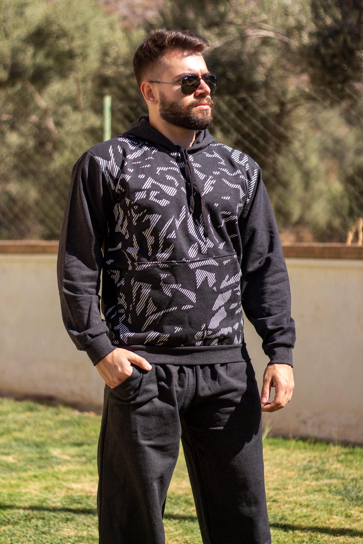 Erkek Siyah Kesik Desenli Kapüşonlu Kanguru Cep Kalın Sweat Eşofman Takımı 21EESTKKDS