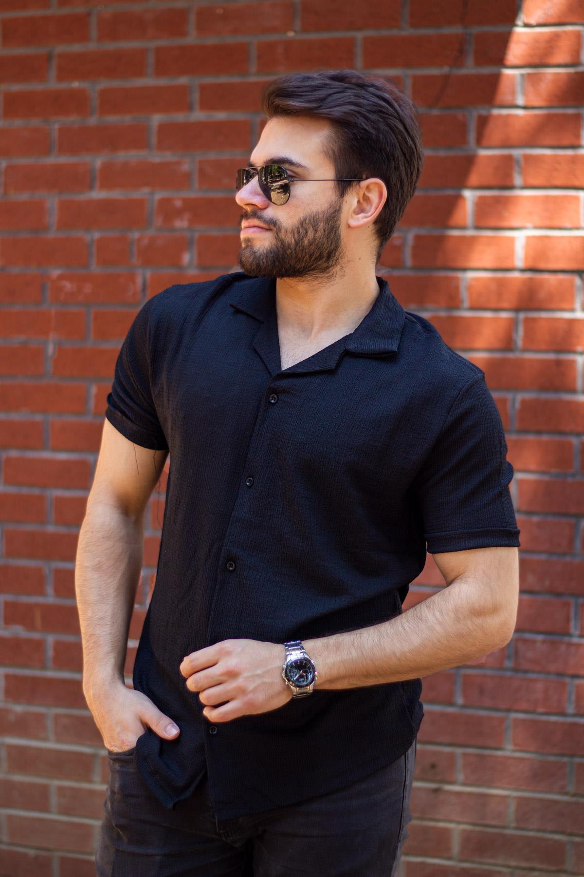 Erkek Siyah Krep Kumaş İtalyan Kesim Rahat Gömlek 23EGMLCARP