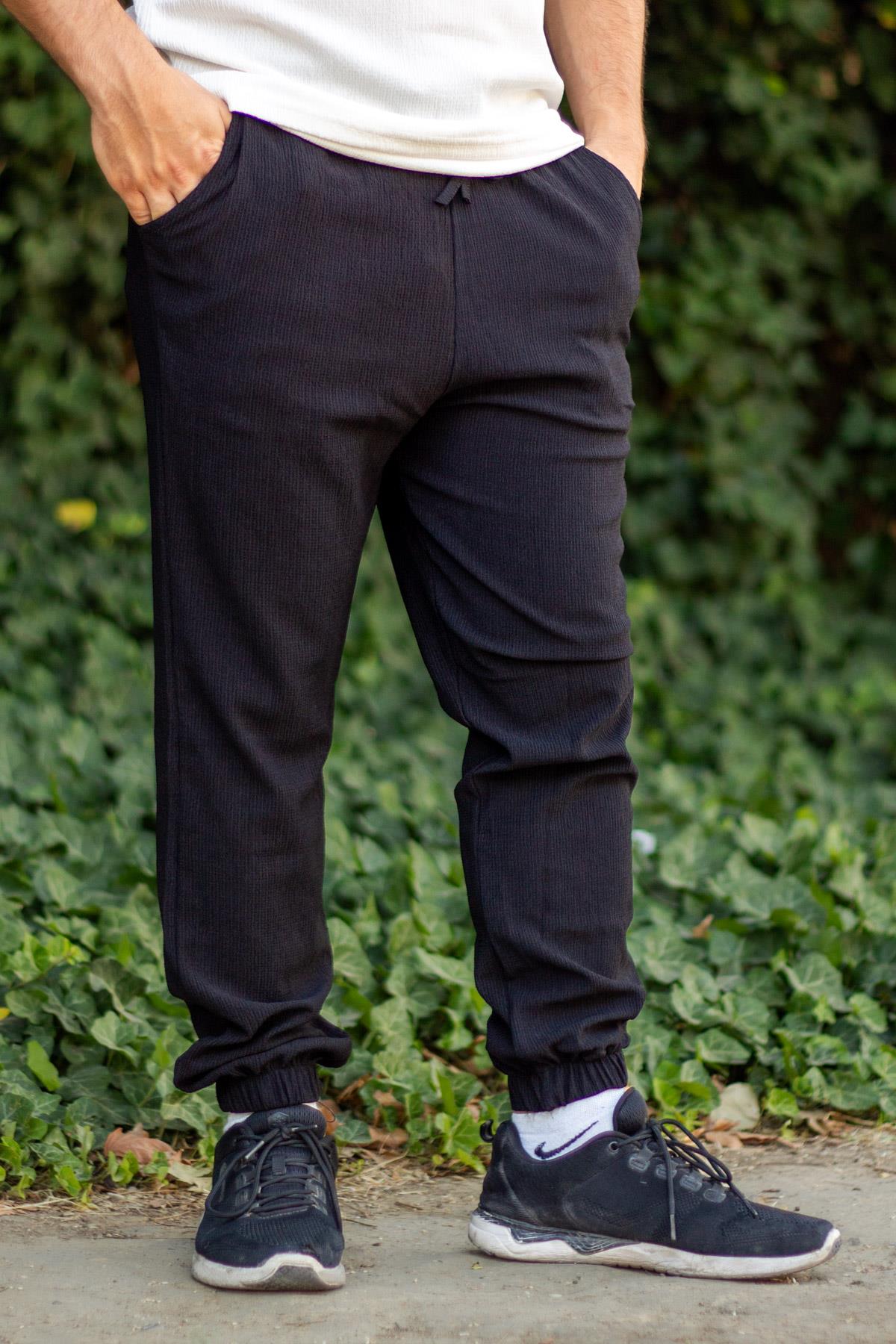 Erkek Siyah Krep Kumaş Jogger Paça Lastikli Pantonlon Eşofman Altı 23EPNTK119