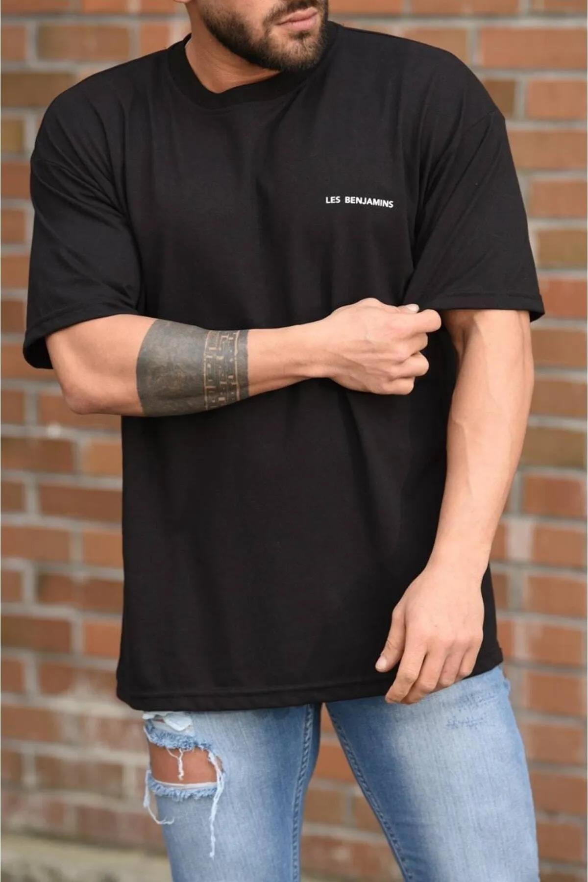 Erkek Siyah Les Benjamins Baskılı Pamuk Rahat Oversize T-Shirt 23ETSH0LES