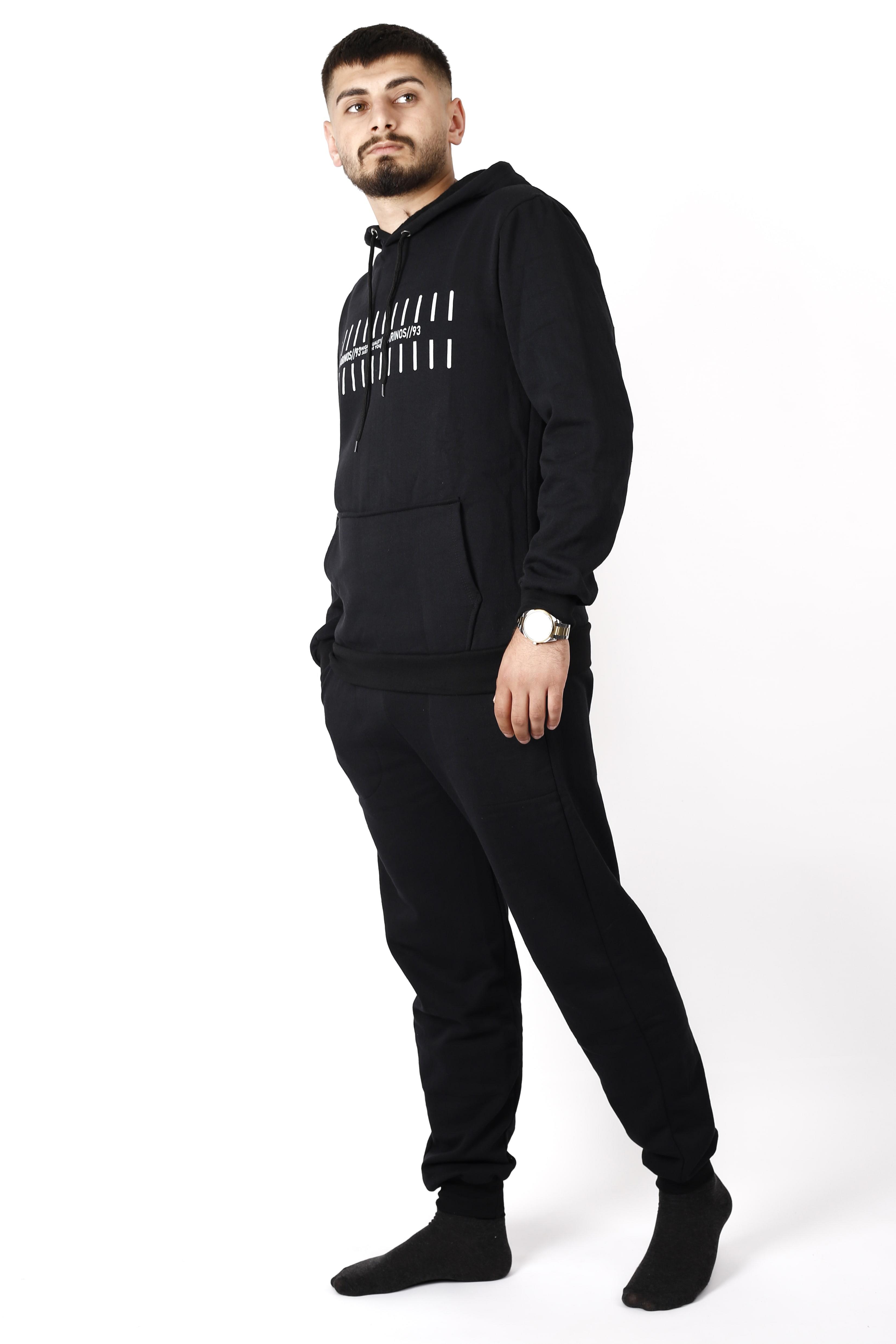 Erkek Siyah Merinos Baskılı Bilek Lastikli Rahat Kapüşonlu Kanguru Cep Kalın Eşofman Takımı 22EESTMORS