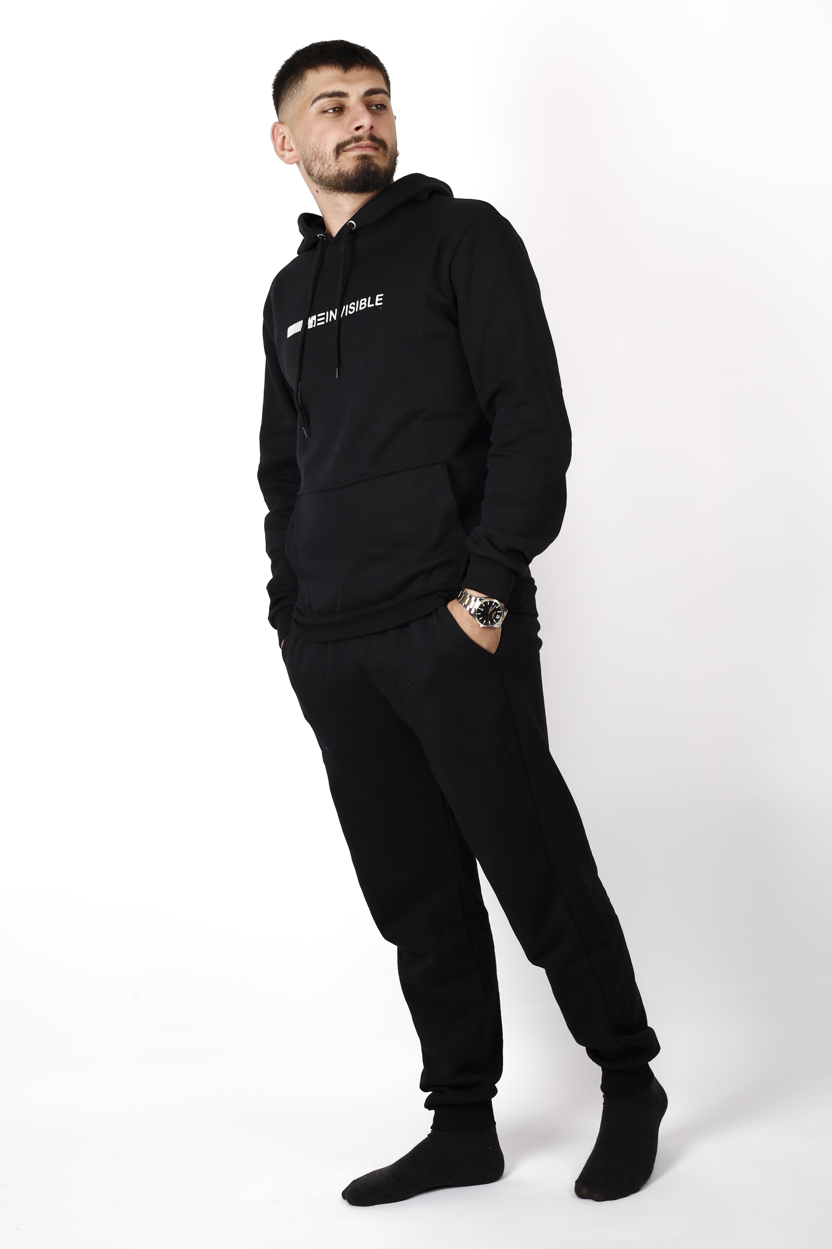 Erkek Siyah Invisible Baskılı Bilek Lastikli Rahat Kapüşonlu Kanguru Cep Kalın Eşofman Takımı 22EESTVIZI
