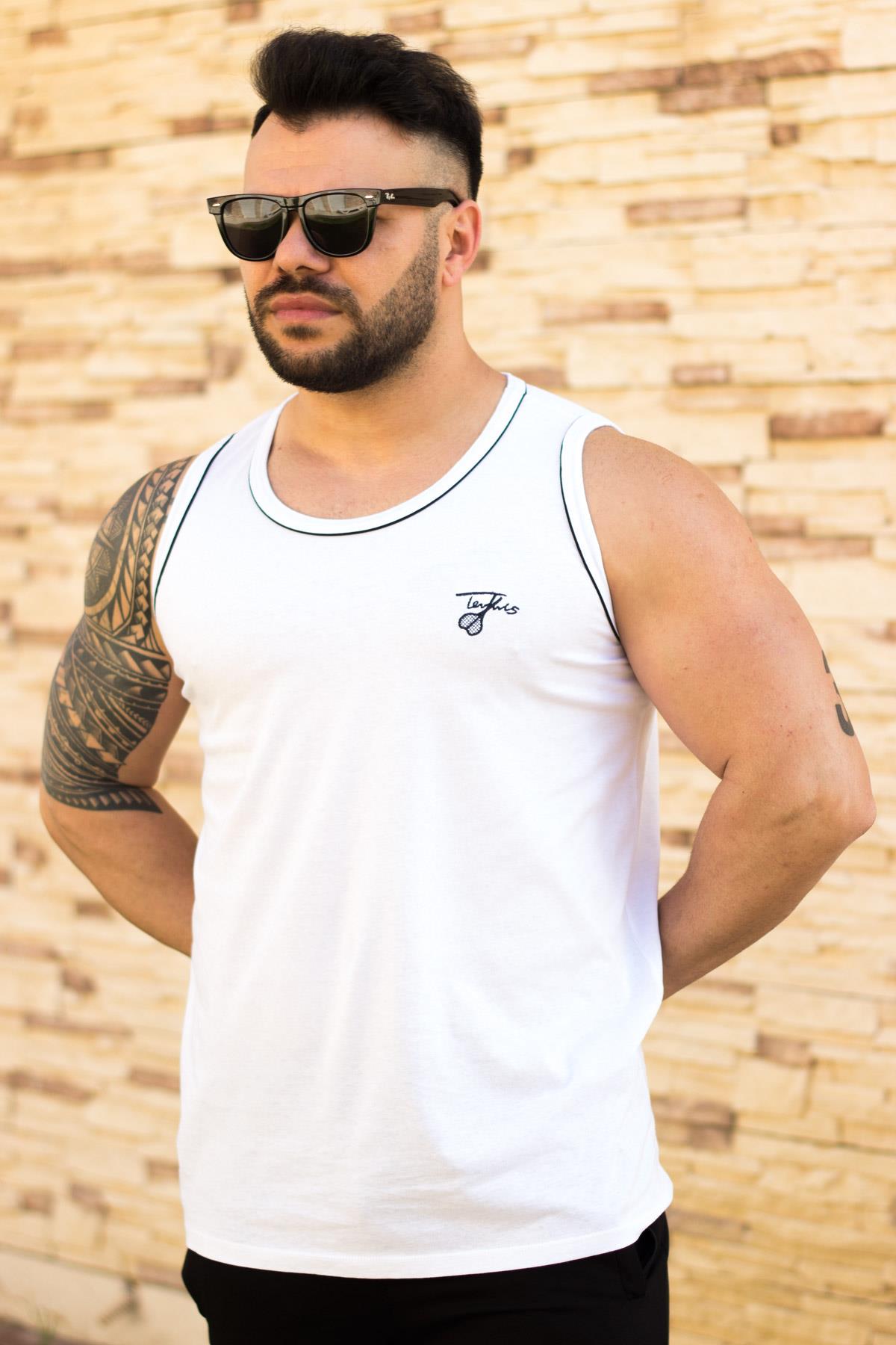 Erkek Beyaz Pamuklu Siyah Biyeli Atlet 21EATLATLT