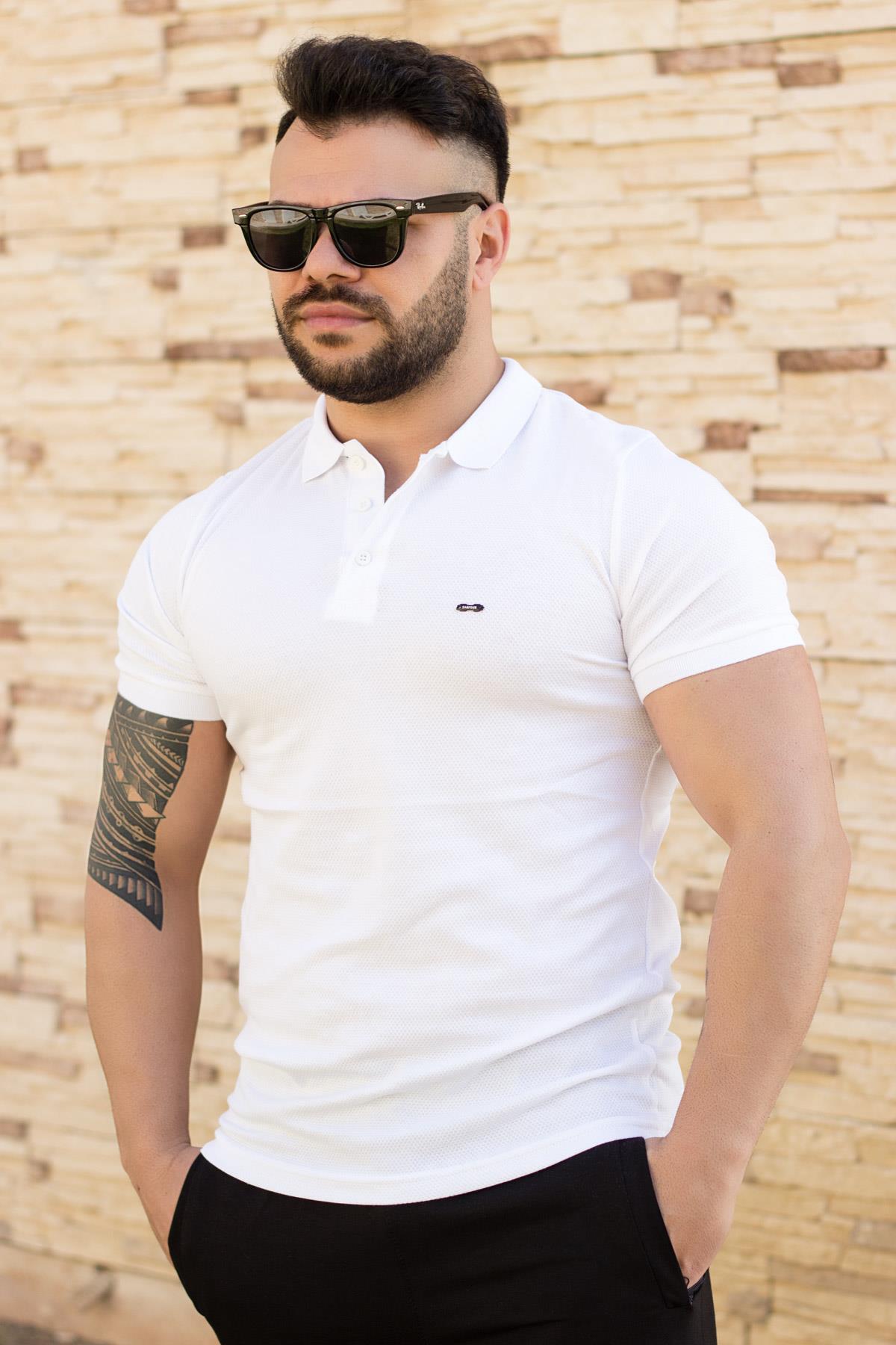 Erkek Beyaz Petek Kumaş Düz Sade Basic Polo Yaka Tişört 21EPLYPET1