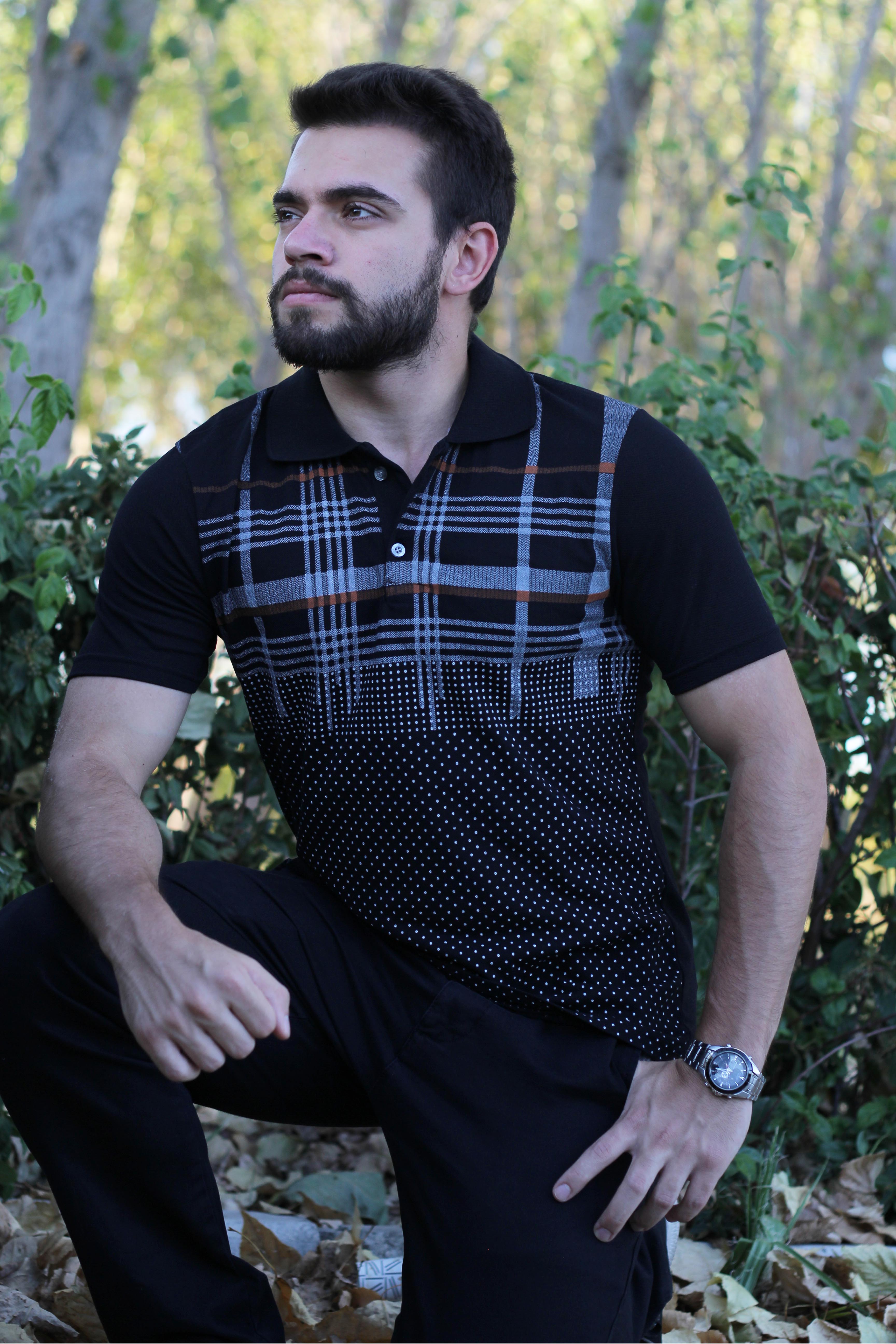 Erkek Siyah Normal Kesim Kare Nokta Desen Polo Yaka Tişört 20EPLYKRPT