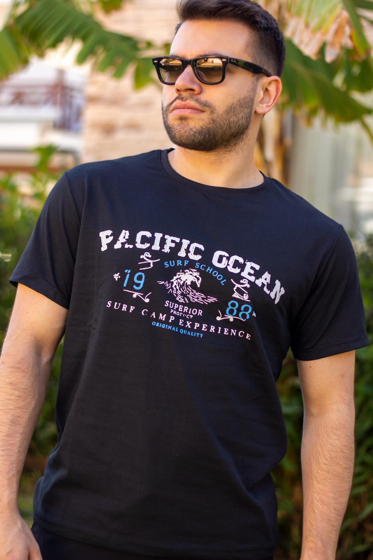 Erkek Siyah Pacific Ocean Baskılı Pamuk Kısa Kollu Bisiklet Yaka Tişört 24ETSHPASF