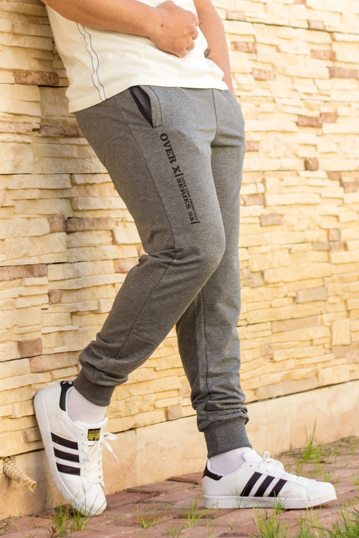 Erkek Gri Penye Bilek Ribana Lastikli Gizli Fermuarlı İpli Eşofman Altı 21EESAOVER