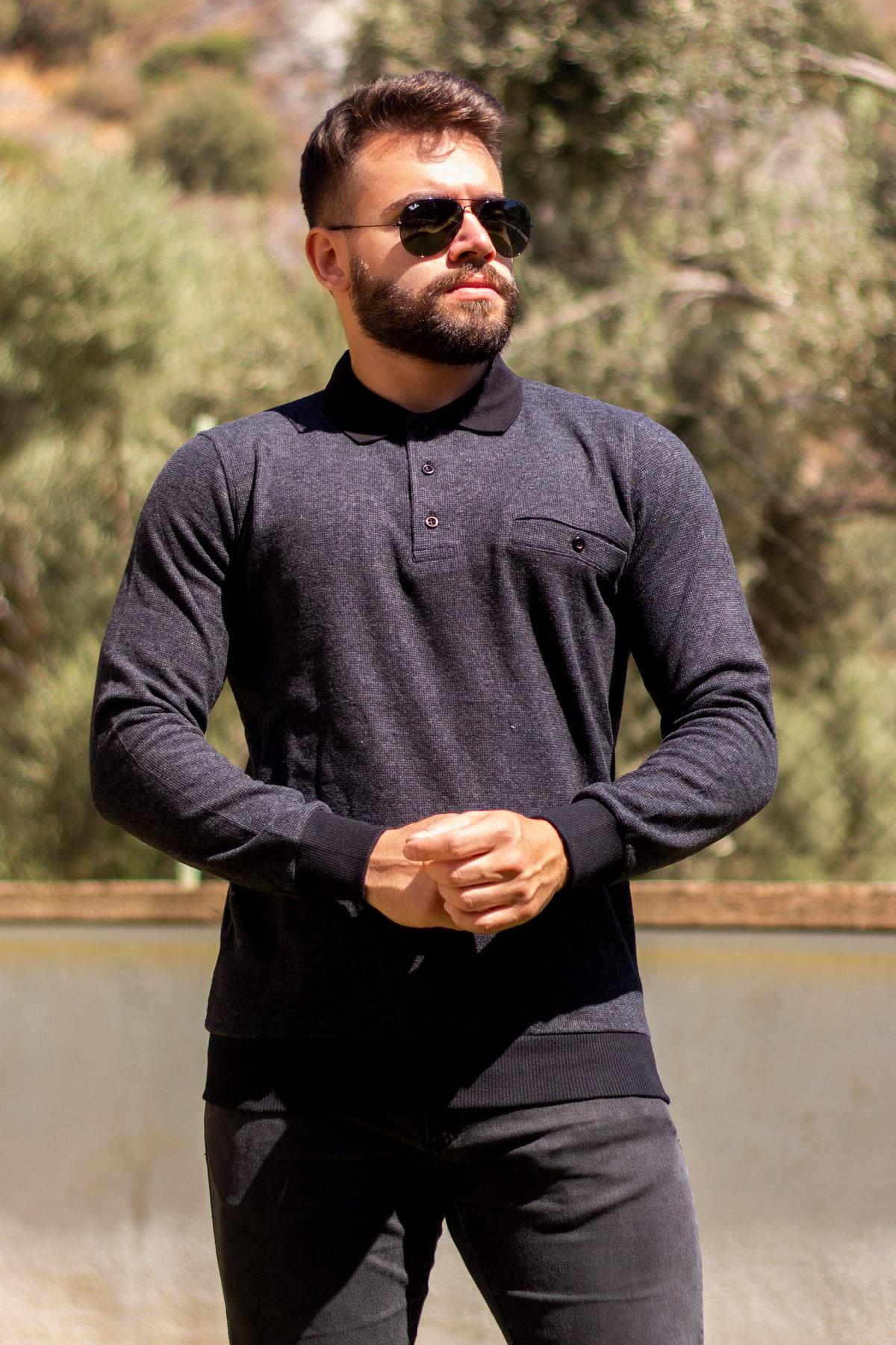 Erkek Siyah Polo Yaka Selanik Kumaş Sweat Kazak 21EKZKPLSL