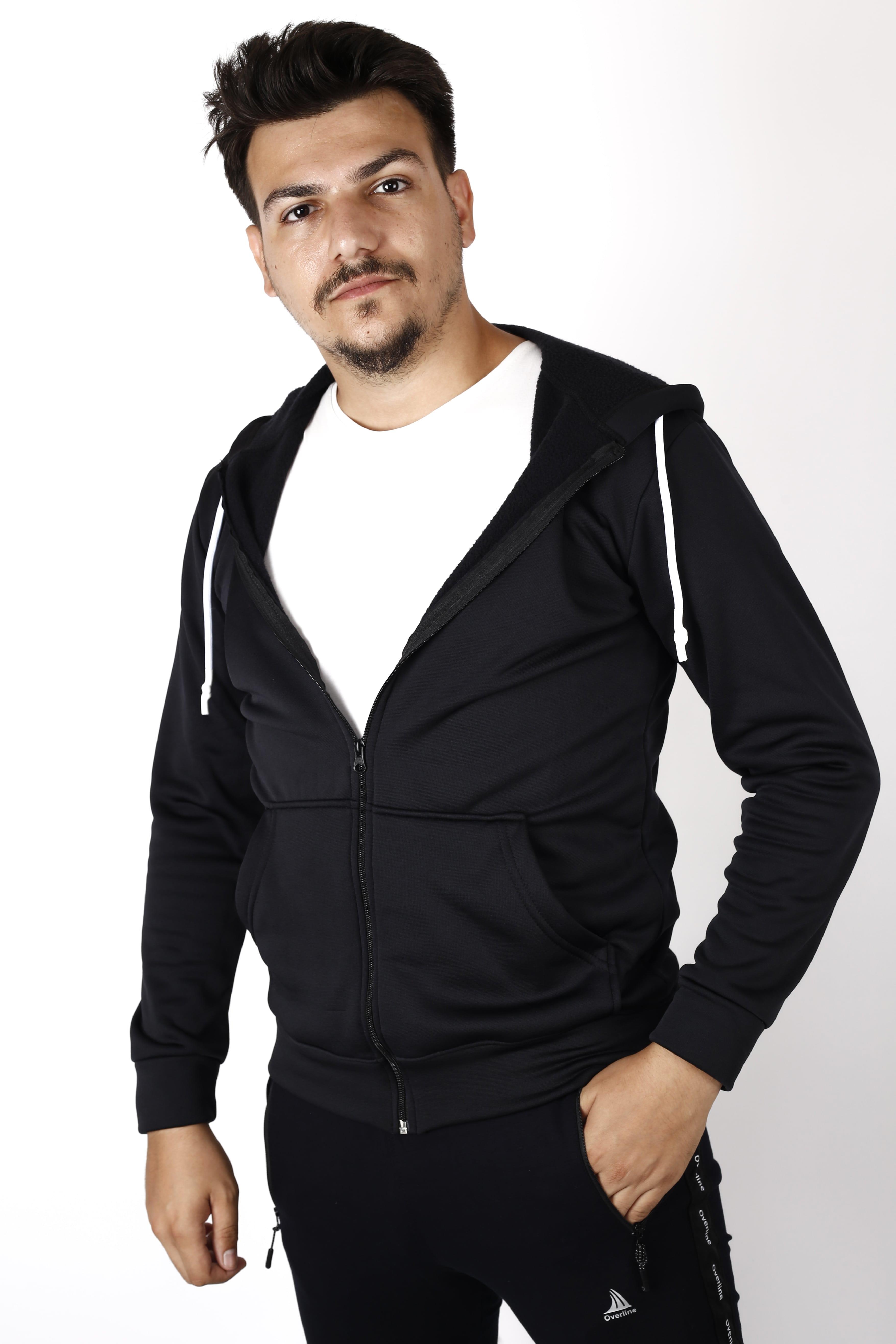 Erkek Siyah İçi Yumuşak Kalın Polar Fermuarlı Kapüşonlu Ceket Sweatshirt 22ESWTPALM