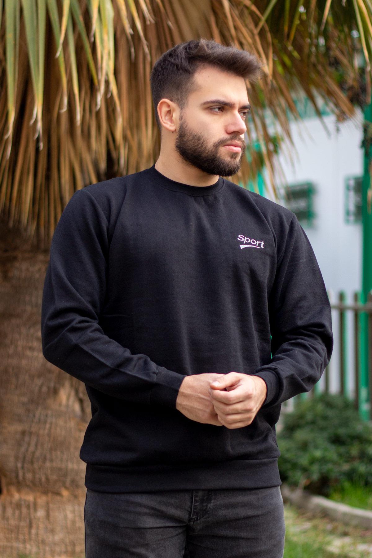 Erkek Siyah Sport Nakışlı Uzun Kollu İçi Yumuşak Düz Sade Sweatshirt 21ESWTSPRT