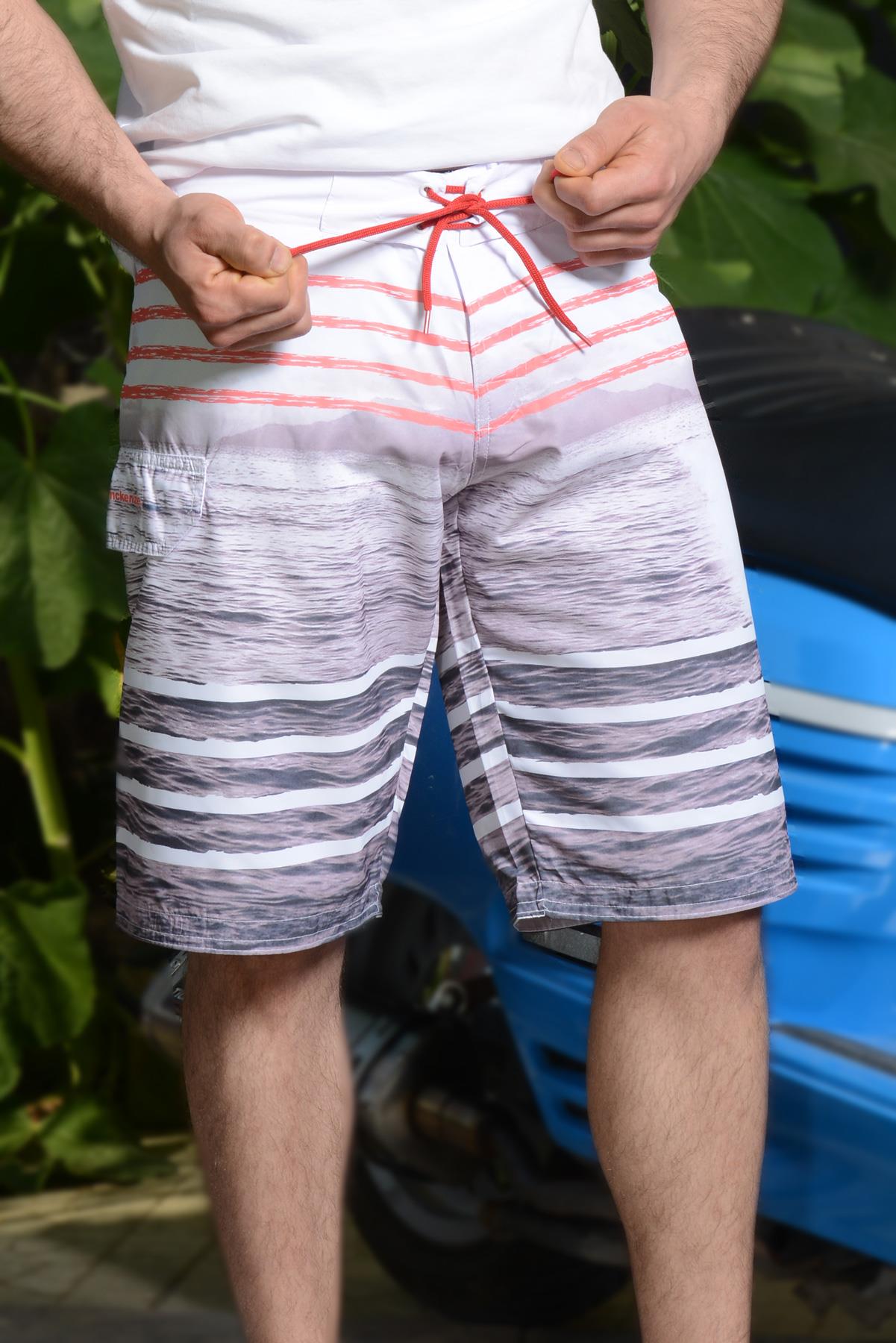 Erkek Beyaz Günbatımı Dijital Baskı Komando Cepli İpli Mayo Deniz Şortu 21EDSTGNBT