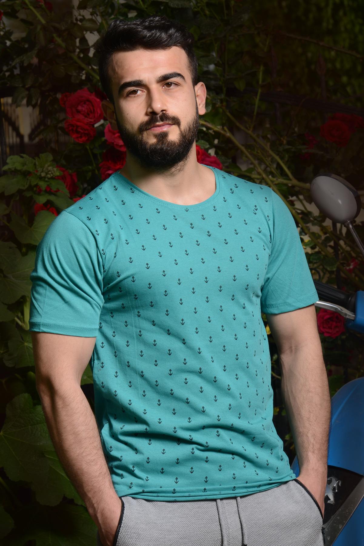 Erkek Turkuaz Çapa Baskılı Kısa Kollu Bisiklet Yaka Tişört 20ETSHCAPA