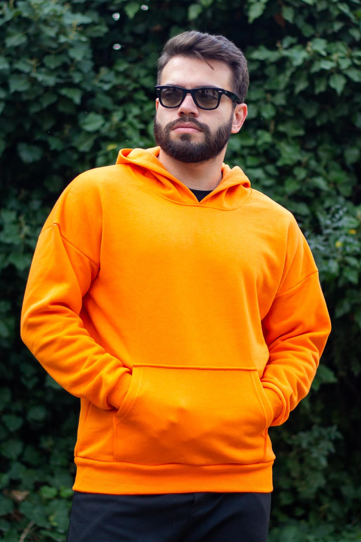 Erkek Turuncu Basic 3 Üç İplik Ekstra Kalın Kapüşonlu Kanguru Cep Uzun Kollu Sweatshirt 23ESWTUCPL