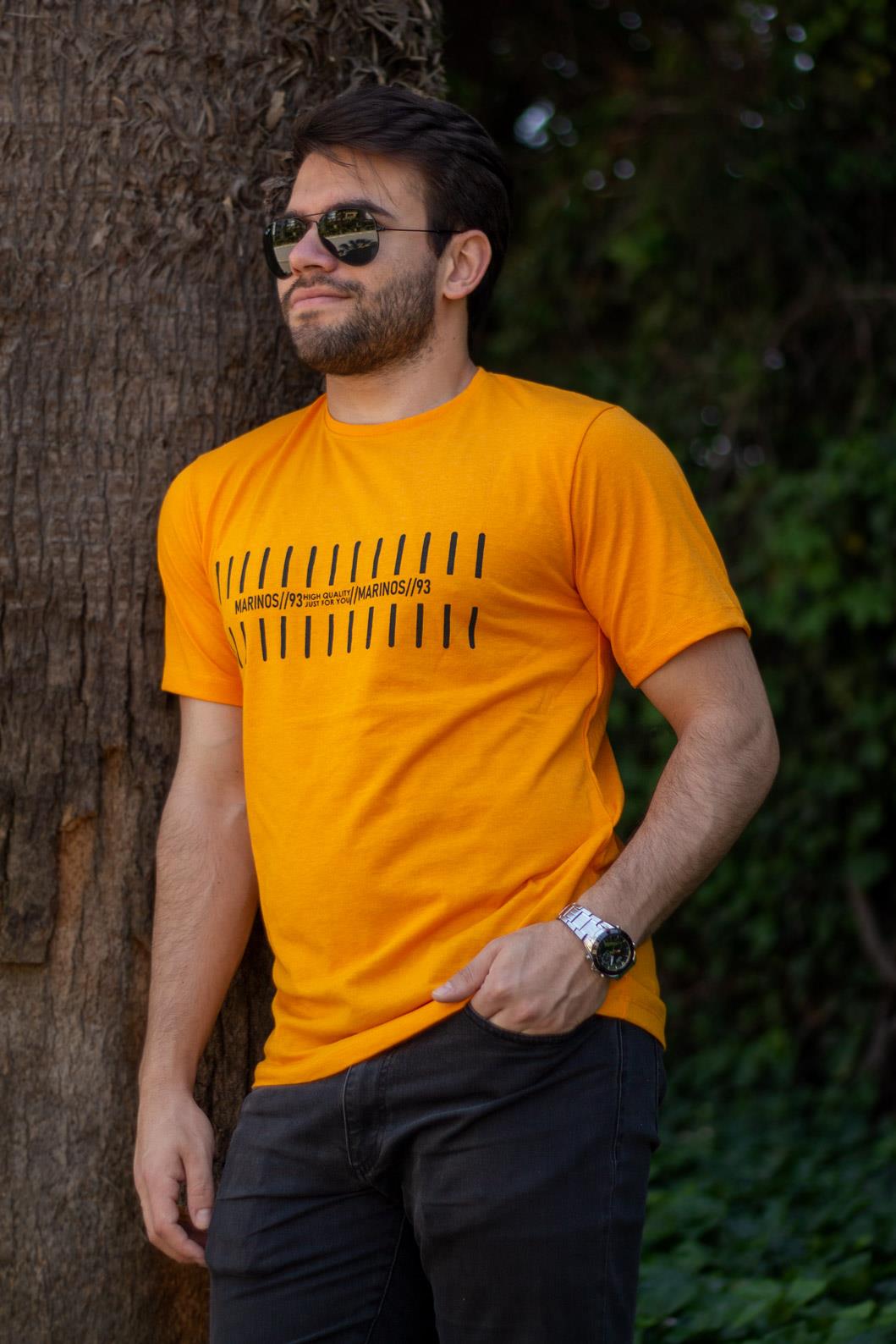 Erkek Turuncu Çizgi Baskılı Normal Kesim Bisiklet Yaka Erkek Tişört 22ETSHMROS