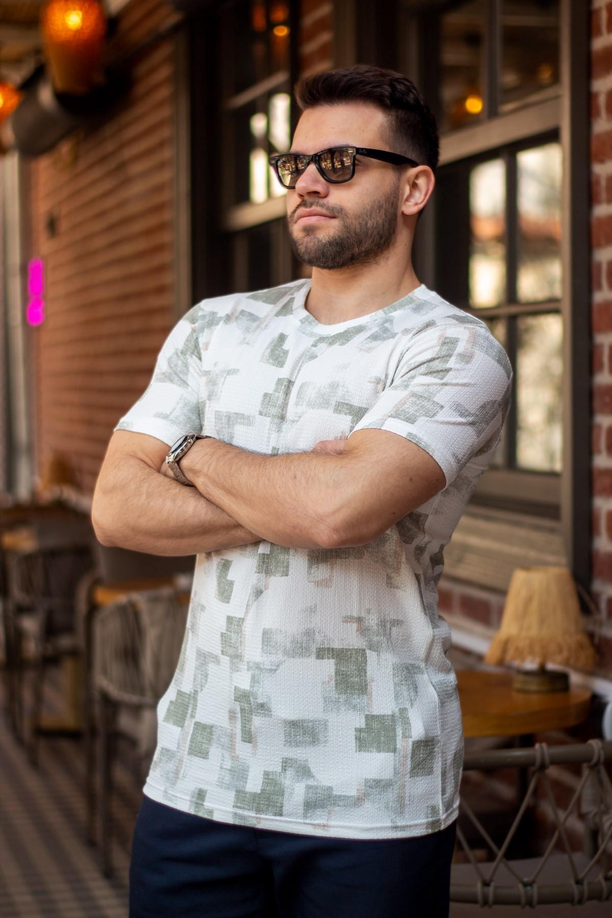 Erkek Yeşil Beyaz Desenli Esnek Krep Bürümcük Kumaş İnce Tişört 25ETSHKRIN