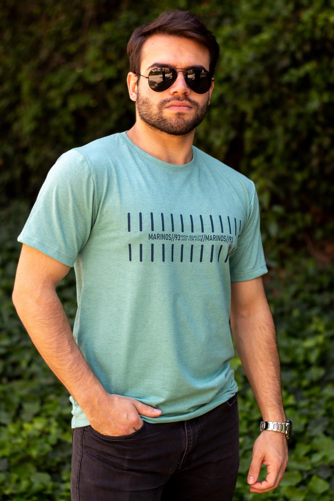 Erkek Yeşil Çağla Çizgi Baskılı Normal Kesim Bisiklet Yaka Erkek Tişört 22ETSHMROS