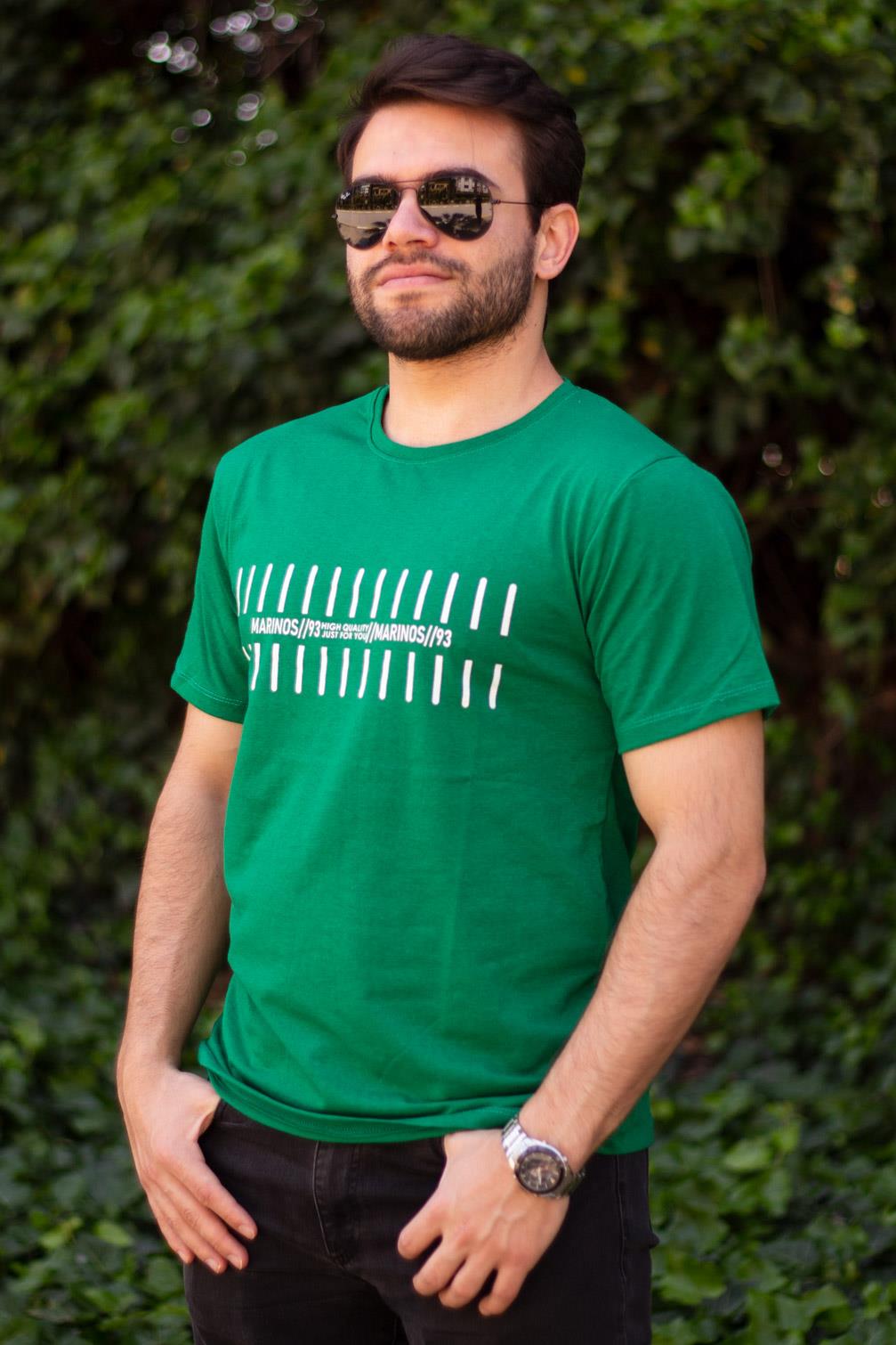 Erkek Yeşil Çizgi Baskılı Normal Kesim Bisiklet Yaka Erkek Tişört 22ETSHMROS