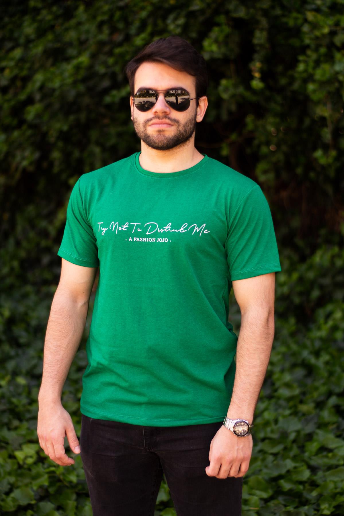 Erkek Yeşil El Yazısı İmza Baskı Kısa Kollu Bisiklet Yaka Erkek T-Shirt 22ETSHEYAZ