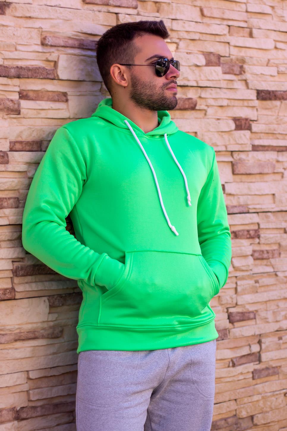 Erkek Yeşil İçi Yumuşak Kalın Polar Kanguru Cep Kapüşonlu Sweatshirt 22ESWTPOLM